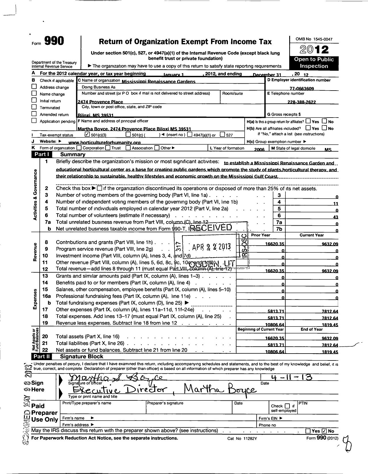 Image of first page of 2012 Form 990 for Mississippi Renaissance Garden Foundation