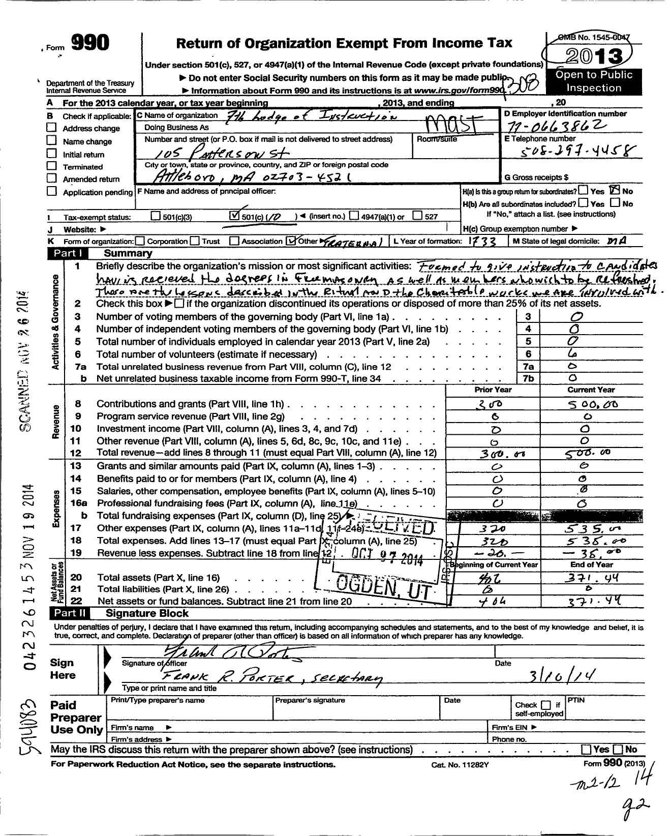 Image of first page of 2012 Form 990O for Massachusetts Freemasons - 7TH Lodge of Instruction