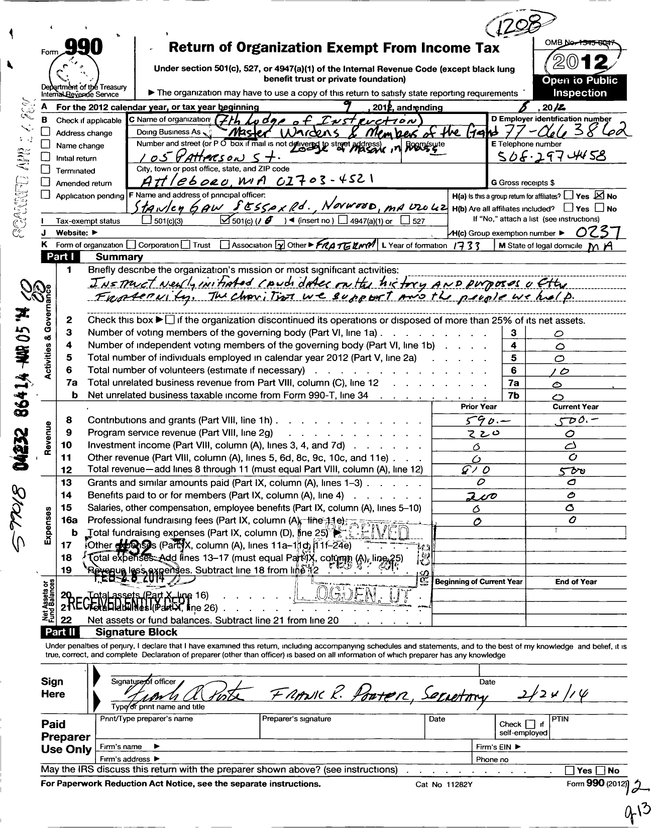 Image of first page of 2011 Form 990O for Massachusetts Freemasons - 7TH Lodge of Instruction