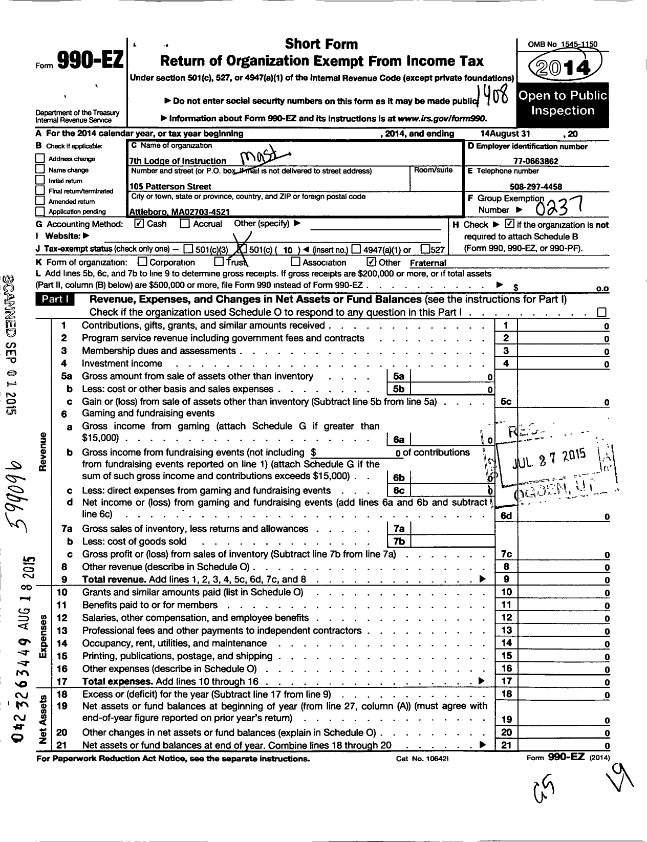 Image of first page of 2013 Form 990EO for Massachusetts Freemasons - 7TH Lodge of Instruction