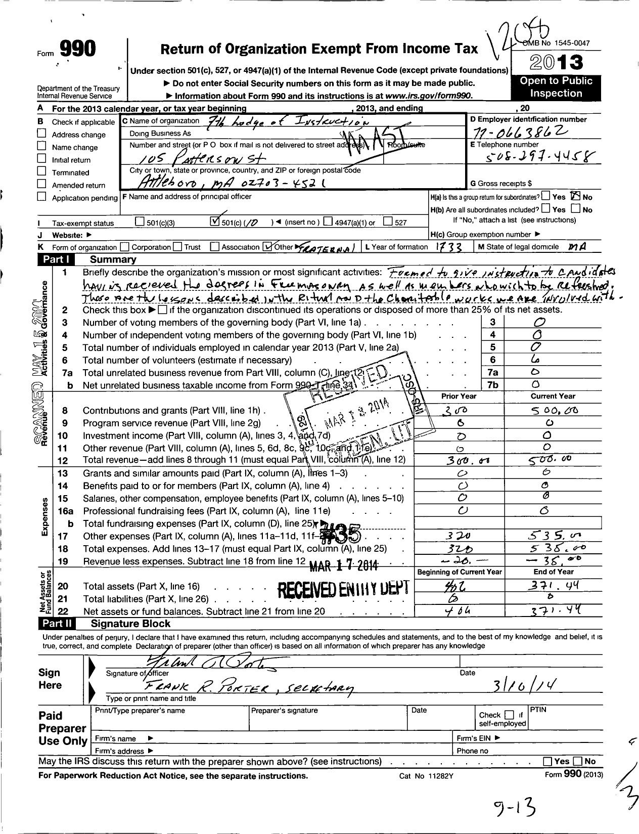 Image of first page of 2011 Form 990O for Massachusetts Freemasons - 7TH Lodge of Instruction