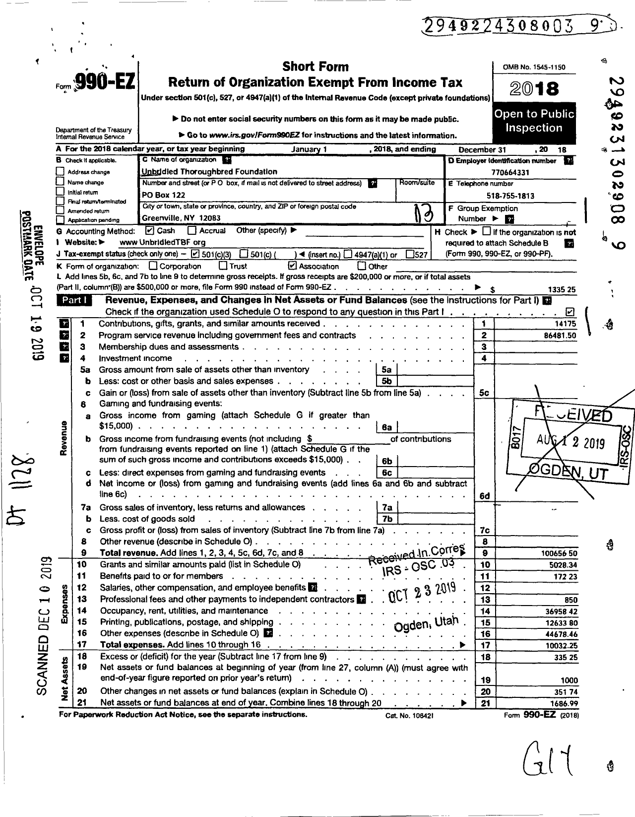 Image of first page of 2018 Form 990EZ for Unbridled Thoroughbred Foundation