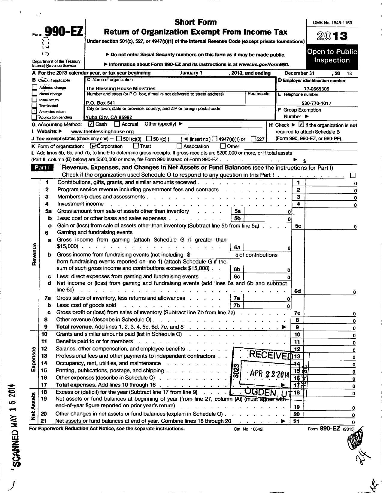 Image of first page of 2013 Form 990EO for Blessing House Ministries