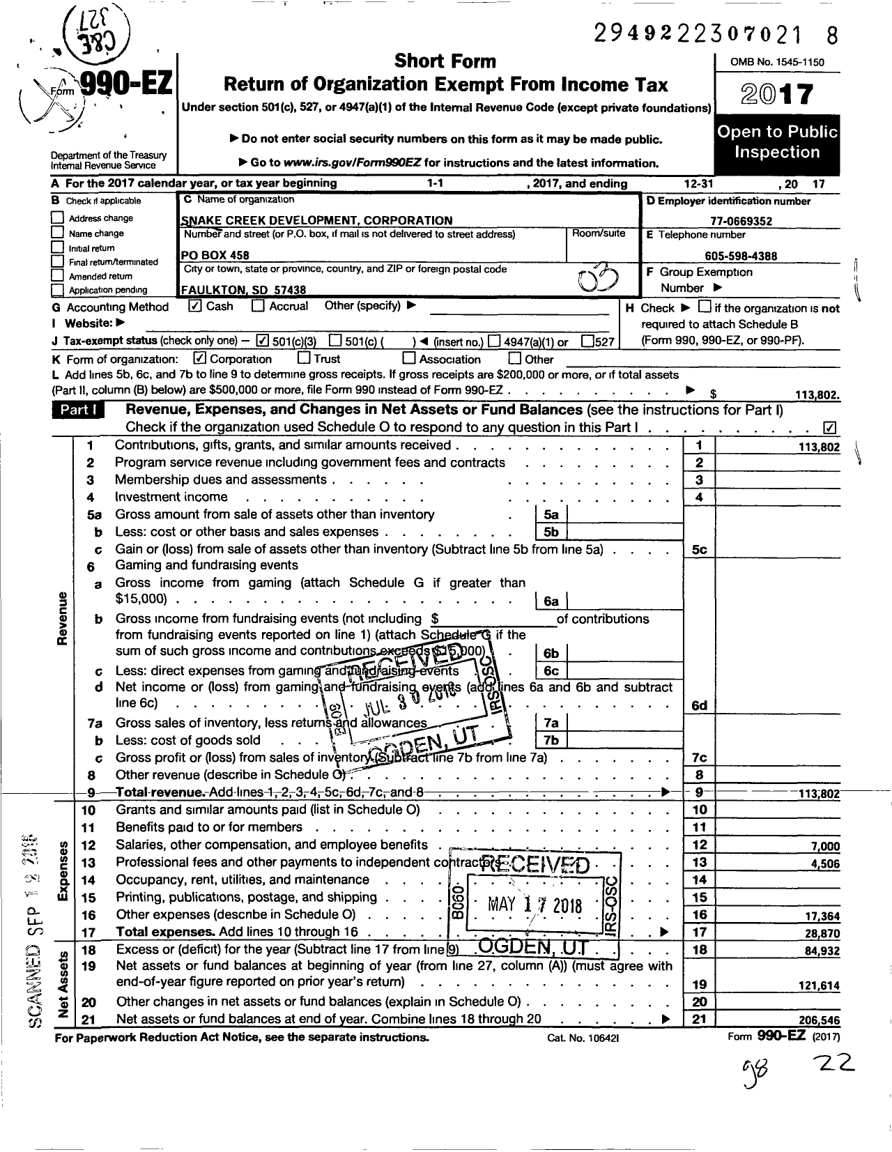 Image of first page of 2017 Form 990EZ for Snake Creek Development Corporation