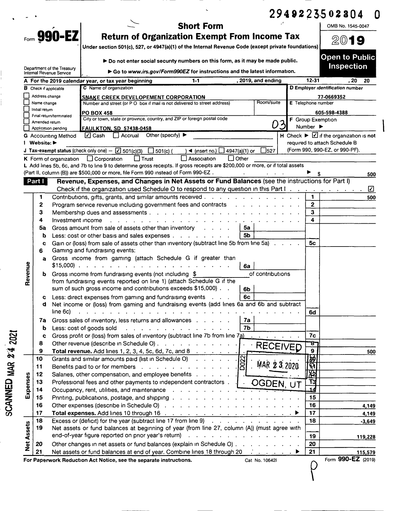 Image of first page of 2020 Form 990EZ for Snake Creek Development Corporation