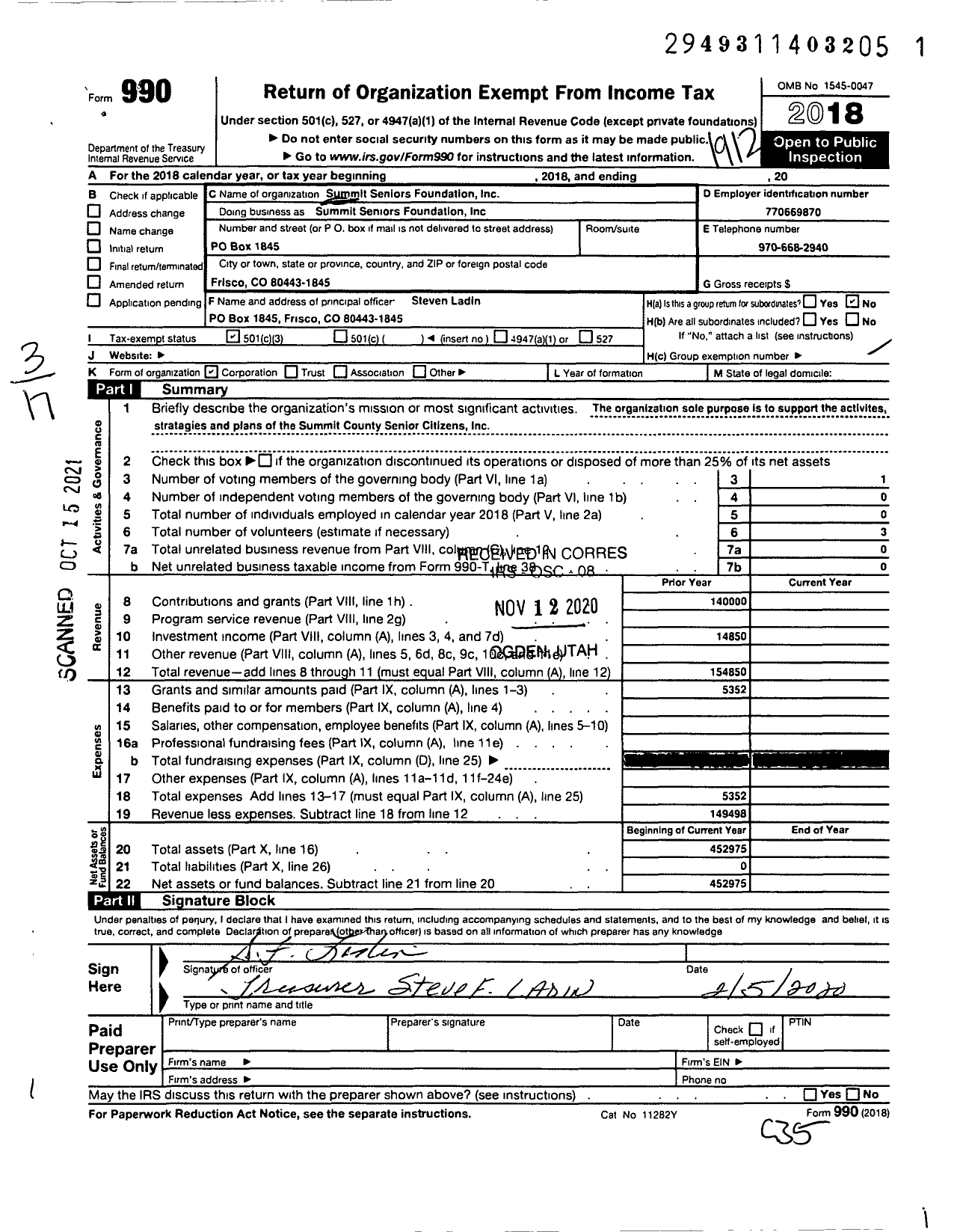 Image of first page of 2019 Form 990 for Summit Seniors Foundation