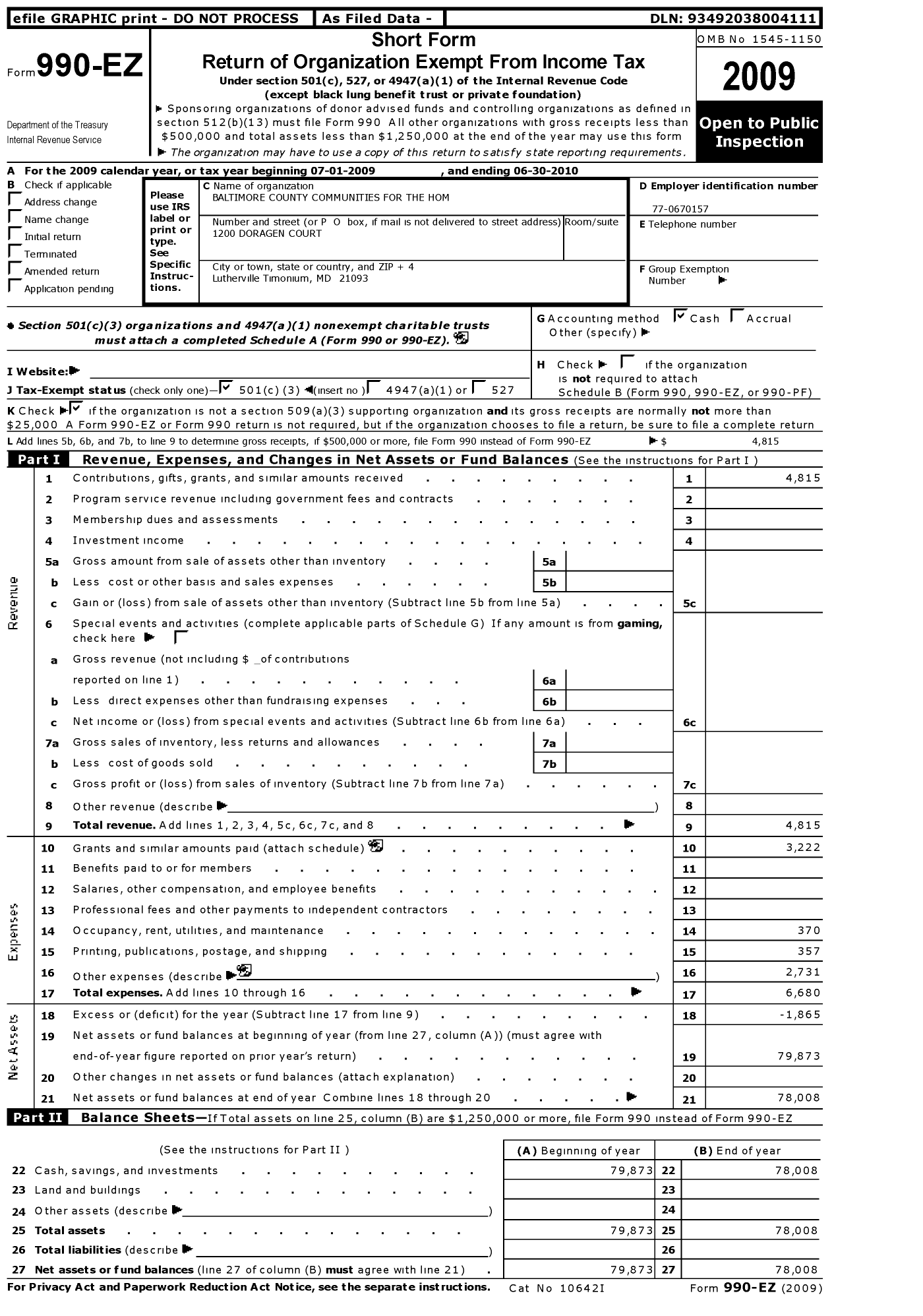 Image of first page of 2009 Form 990EZ for Baltimore County Communities for the Homeless