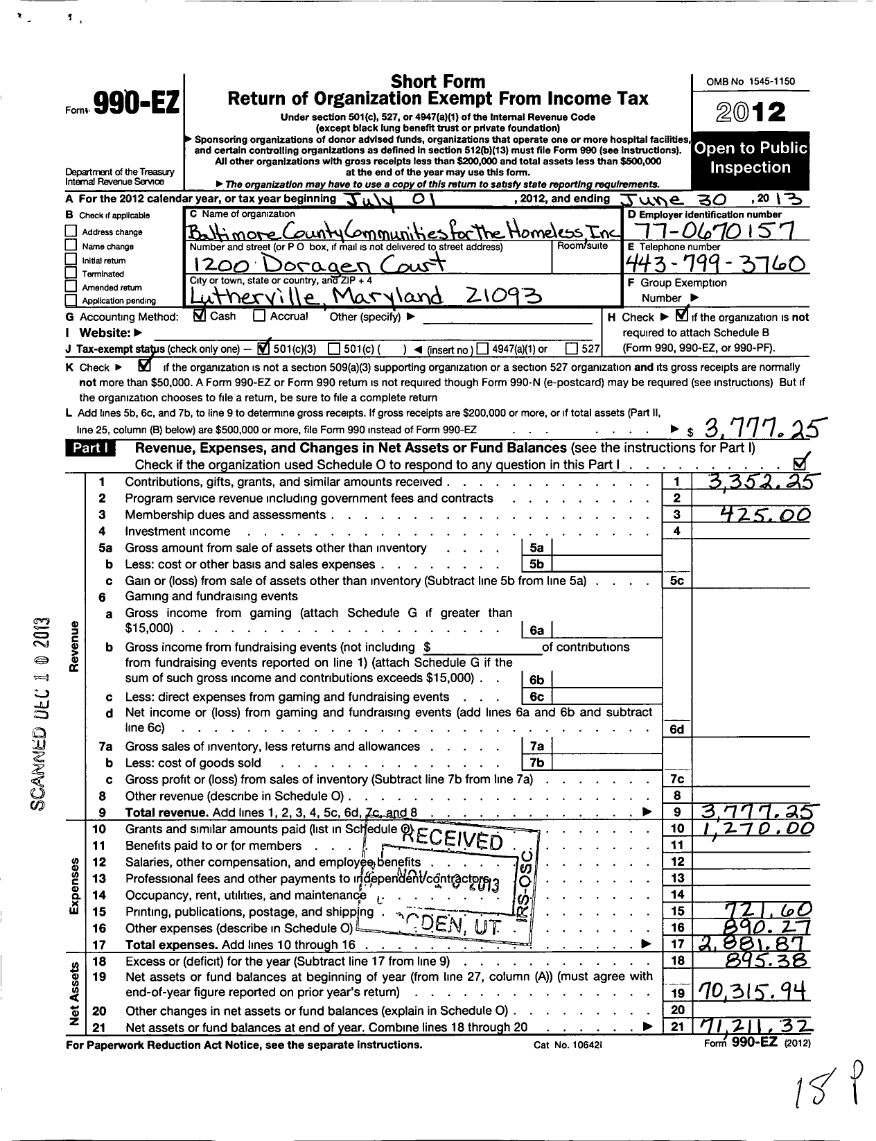 Image of first page of 2012 Form 990EZ for Baltimore County Communities for the Homeless