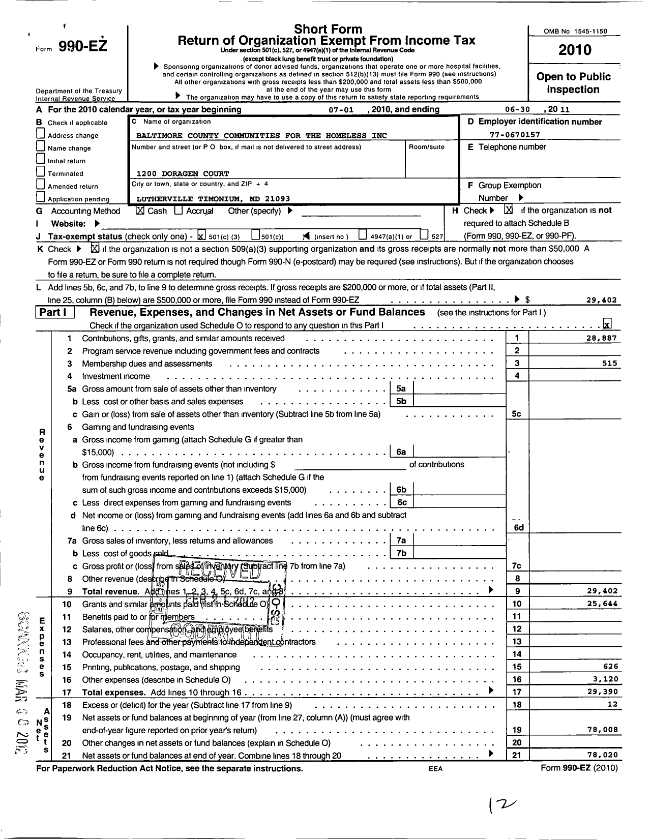 Image of first page of 2010 Form 990EZ for Baltimore County Communities for the Homeless