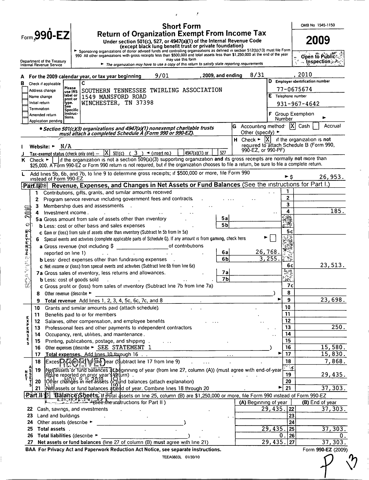 Image of first page of 2009 Form 990EZ for Southern Tennessee Twirling Associa