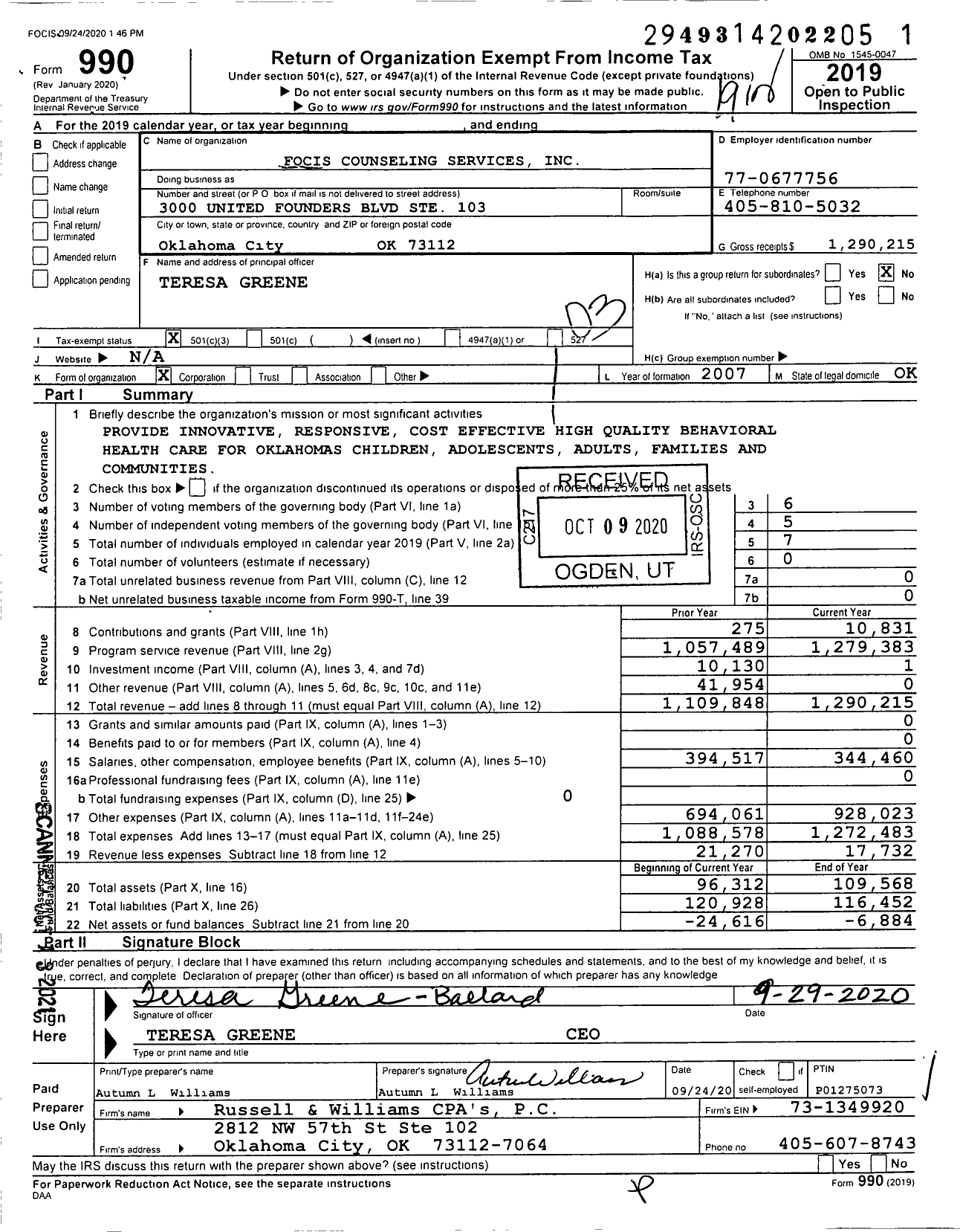 Image of first page of 2019 Form 990 for Focis Counseling Services