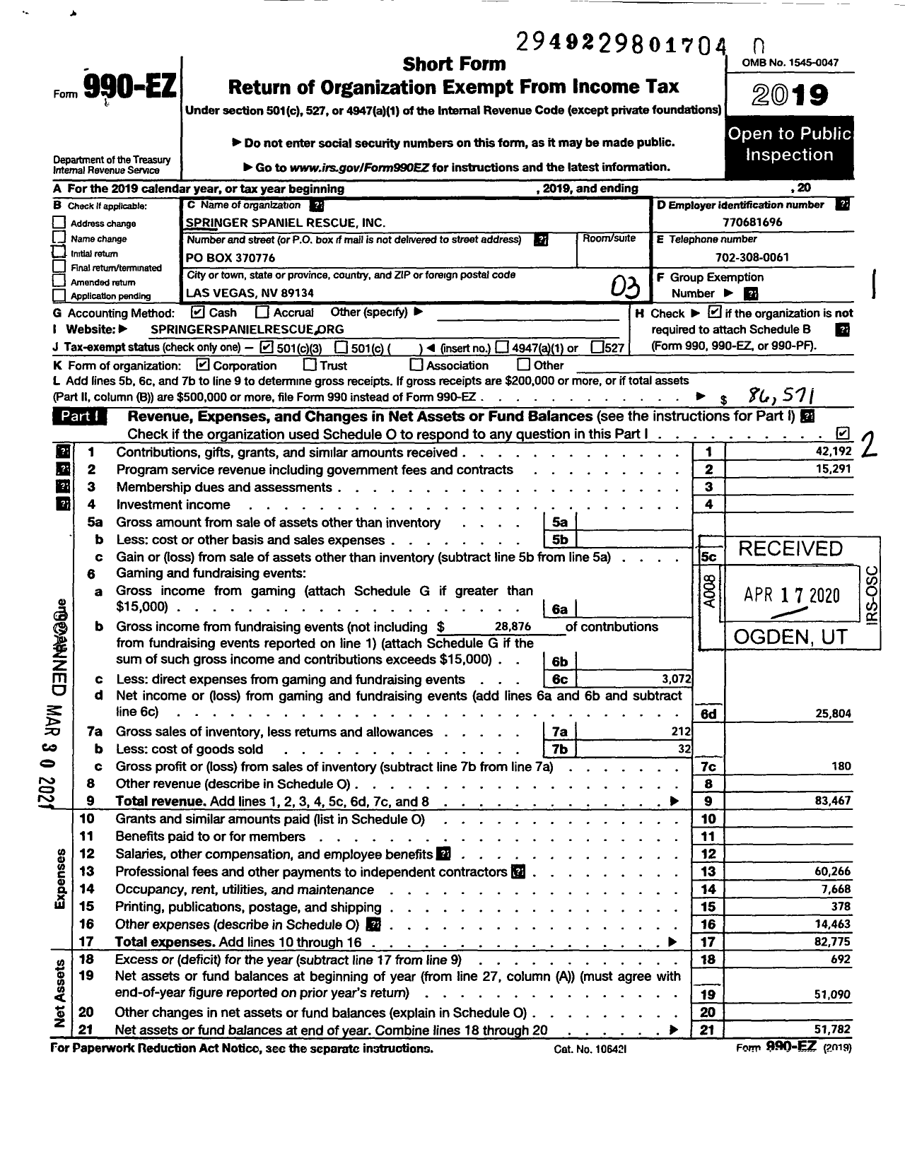 Image of first page of 2019 Form 990EZ for Springer Spaniel Rescue