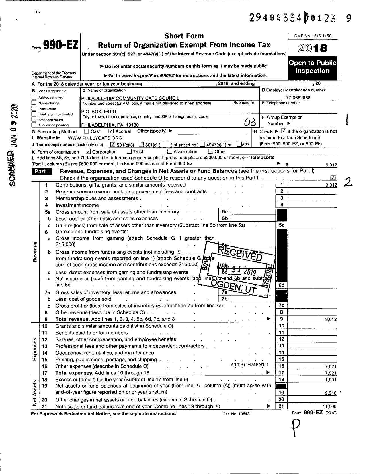 Image of first page of 2018 Form 990EZ for Philadelphia Community Cats Council