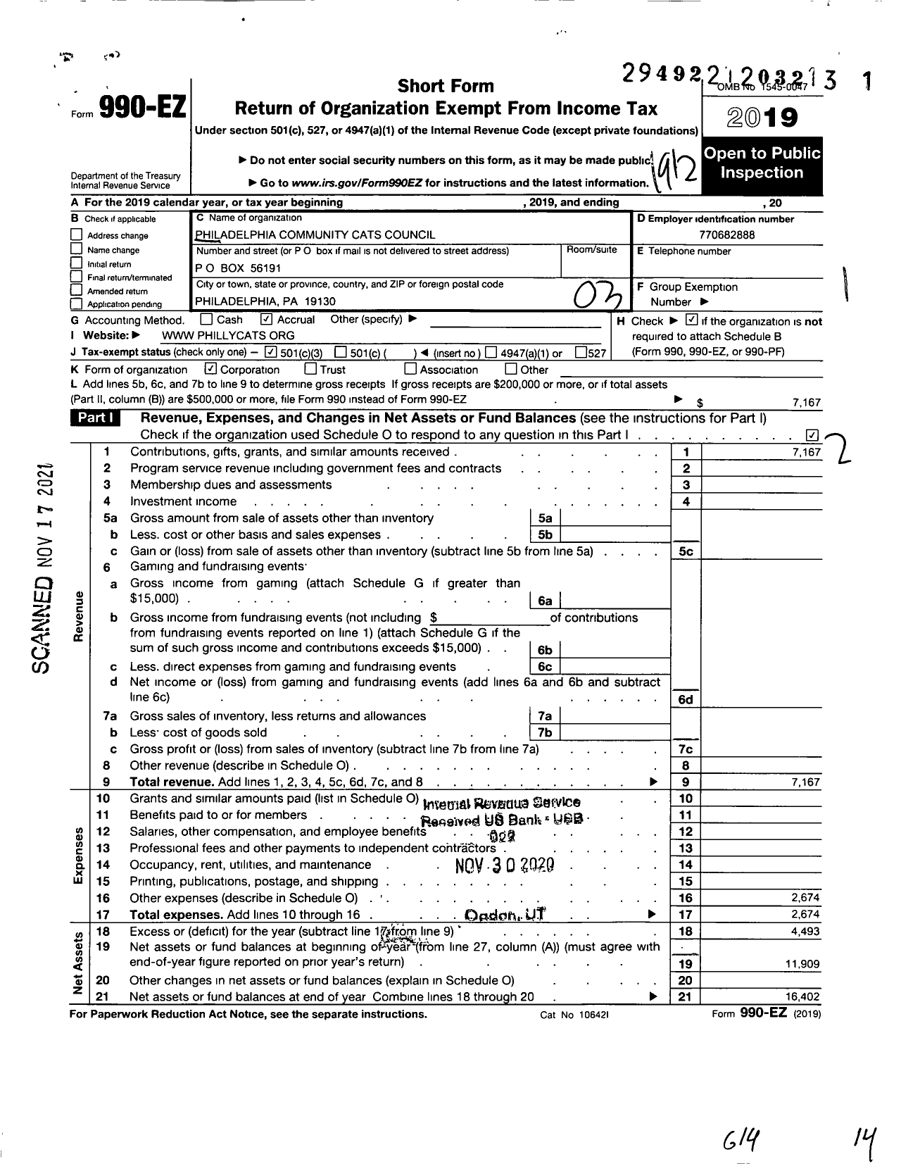 Image of first page of 2019 Form 990EZ for Philadelphia Community Cats Council