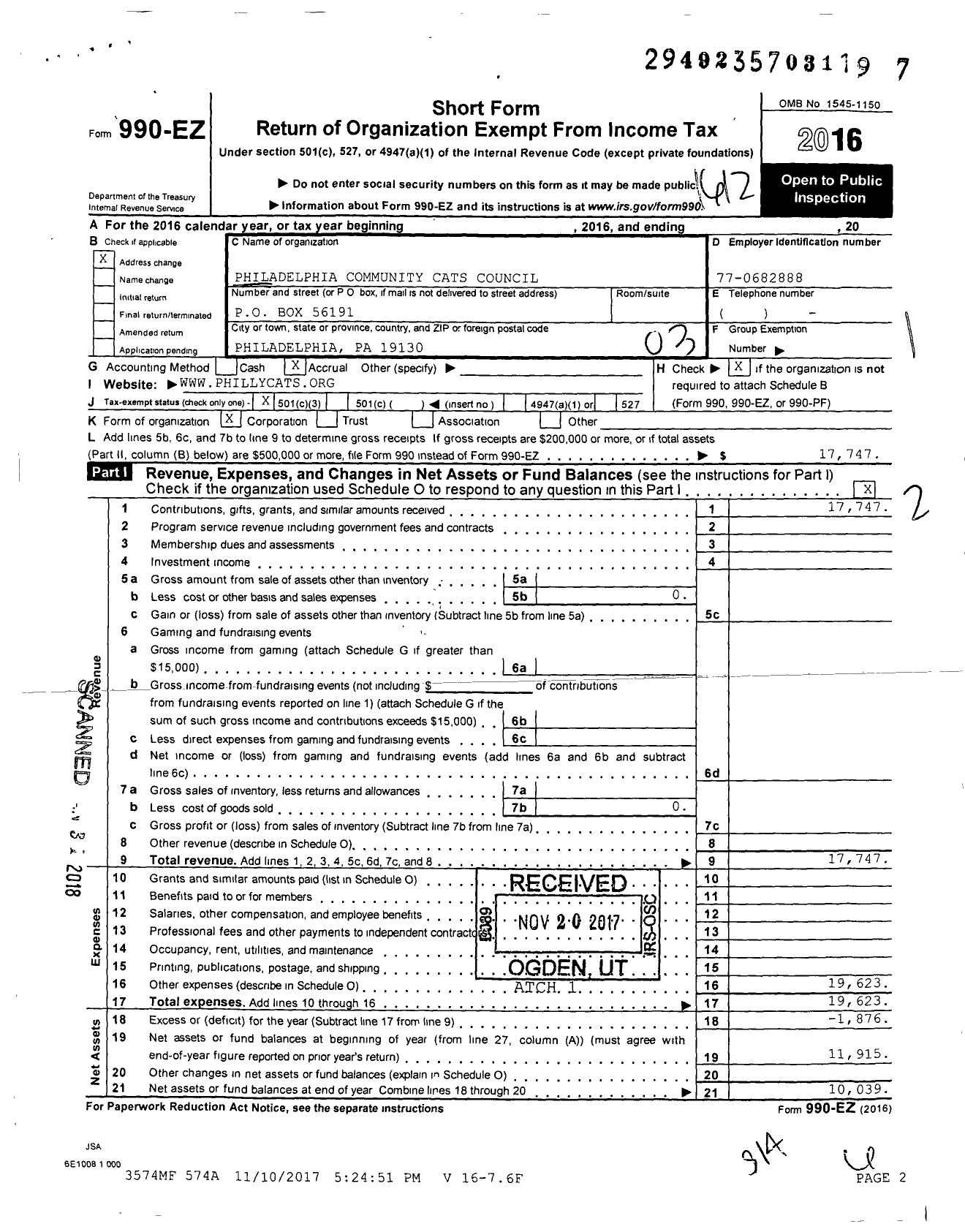 Image of first page of 2016 Form 990EZ for Philadelphia Community Cats Council