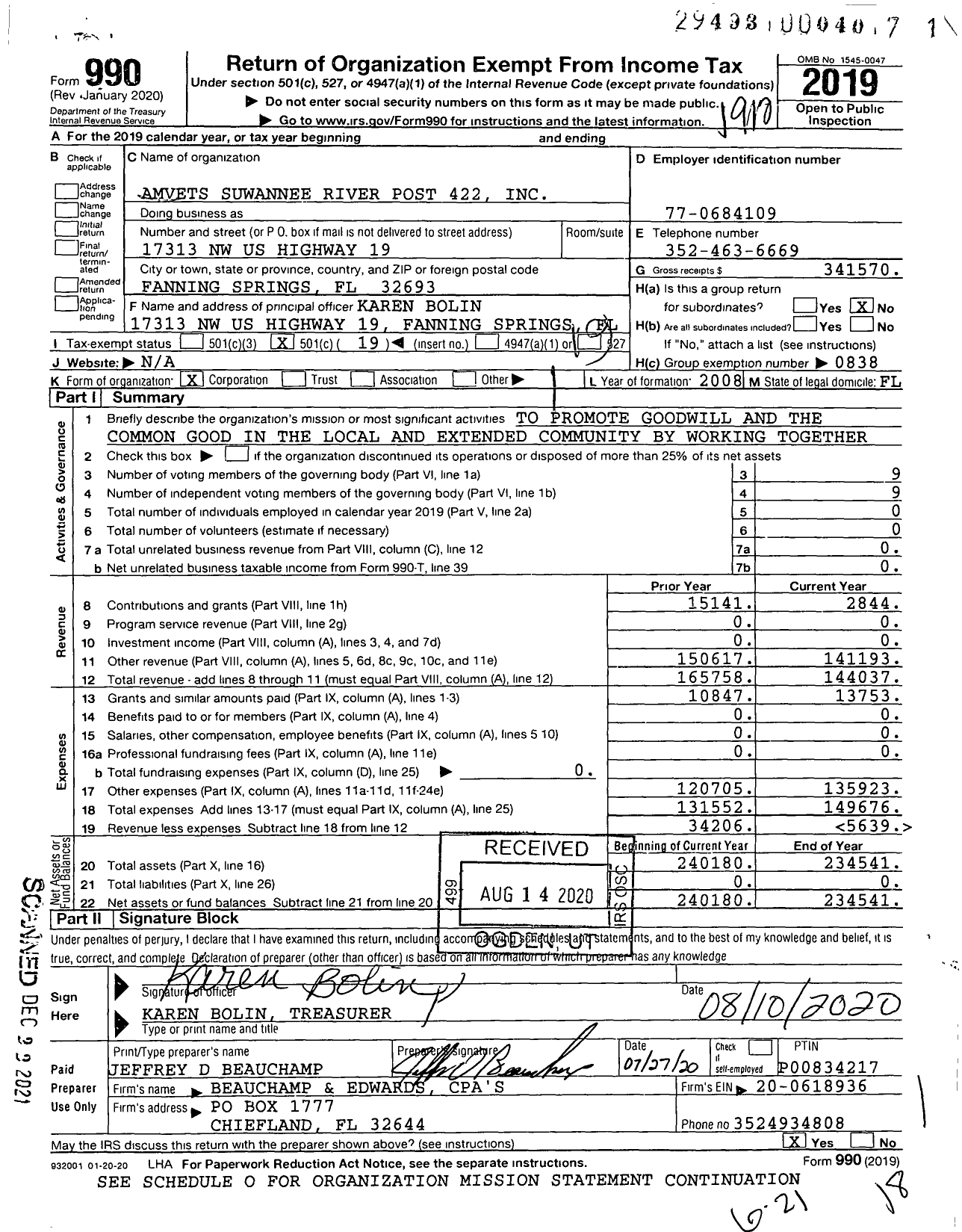 Image of first page of 2019 Form 990O for Amvets - FL-0422