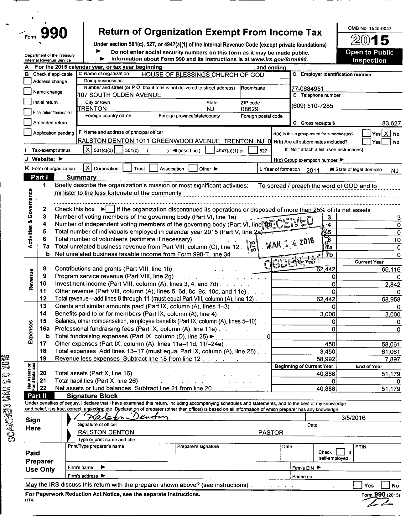 Image of first page of 2015 Form 990 for House of Blessing Church - 14283