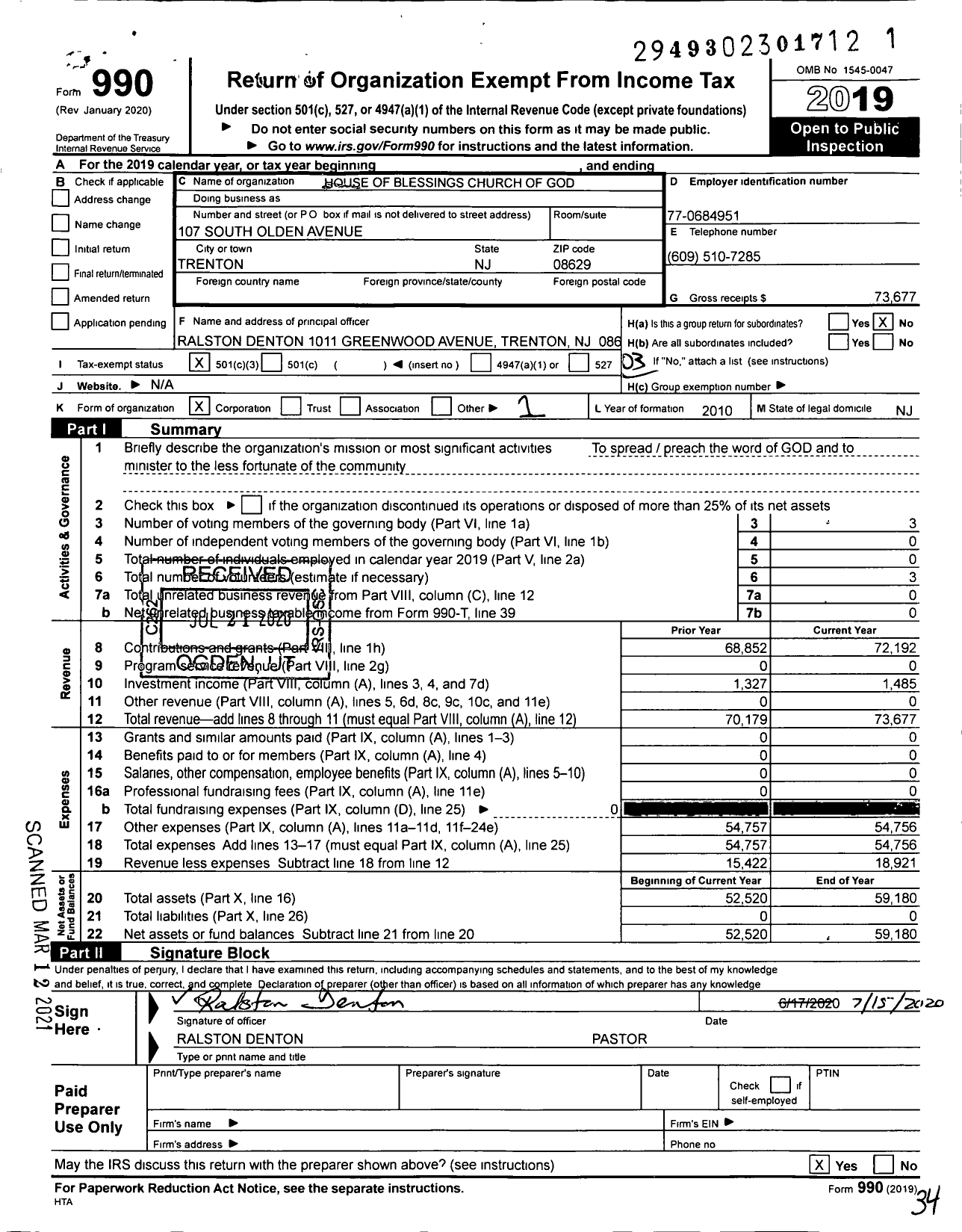 Image of first page of 2019 Form 990 for House of Blessing Church - 14283