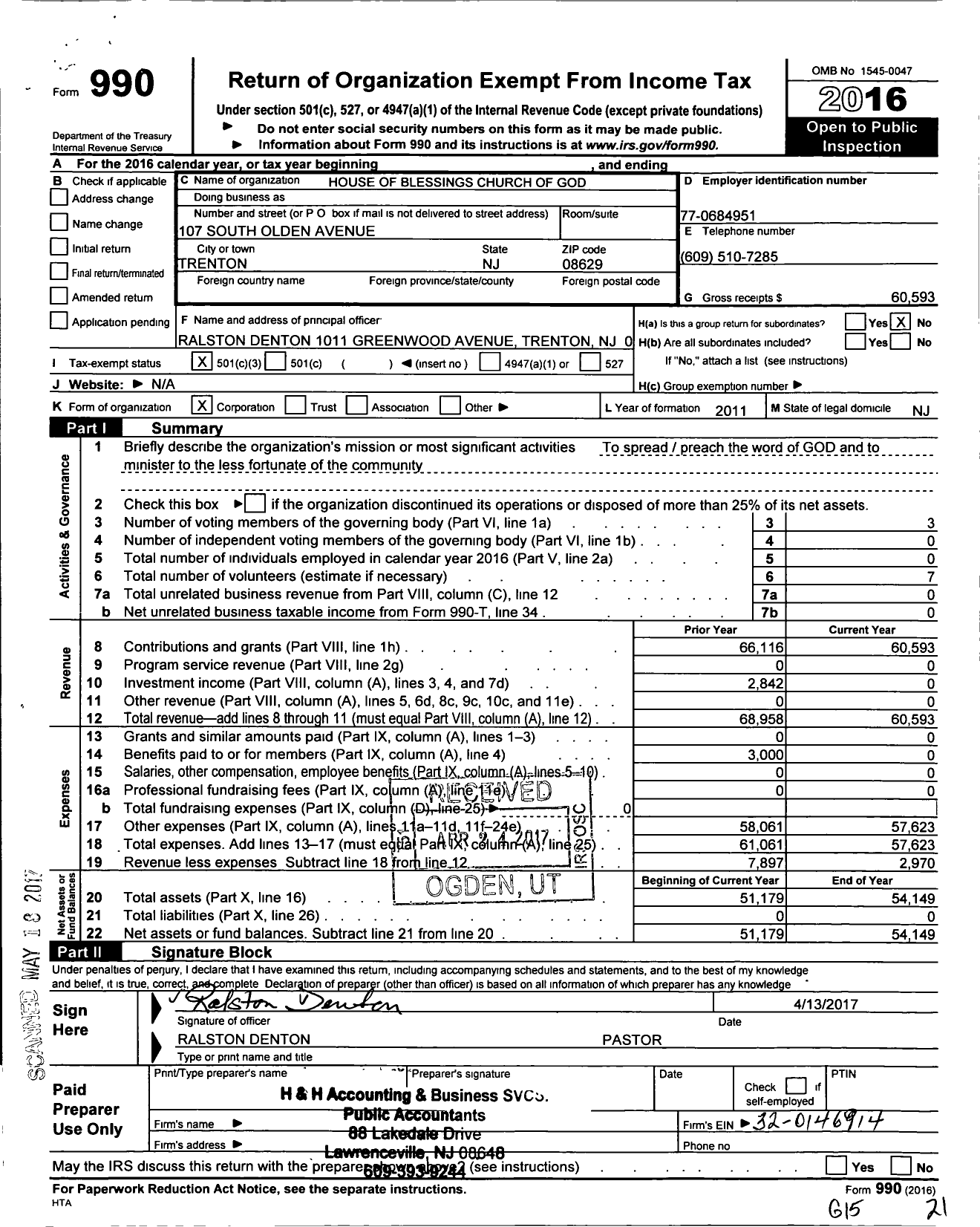 Image of first page of 2016 Form 990 for House of Blessing Church - 14283