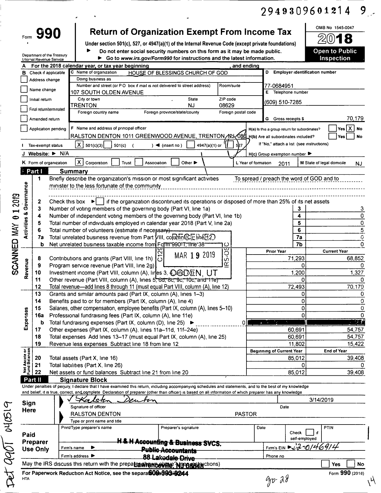 Image of first page of 2018 Form 990 for House of Blessing Church - 14283