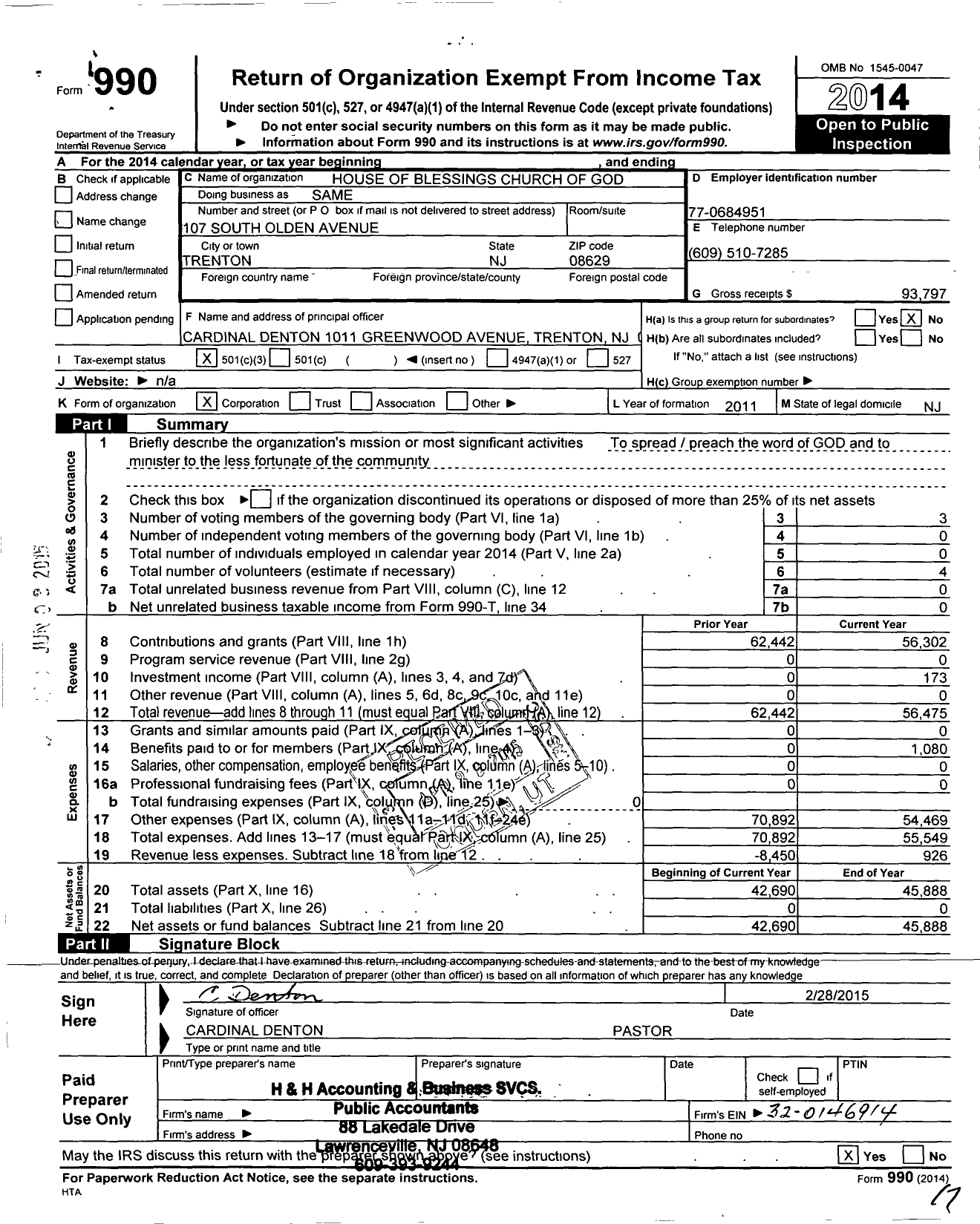 Image of first page of 2014 Form 990 for House of Blessing Church - 14283