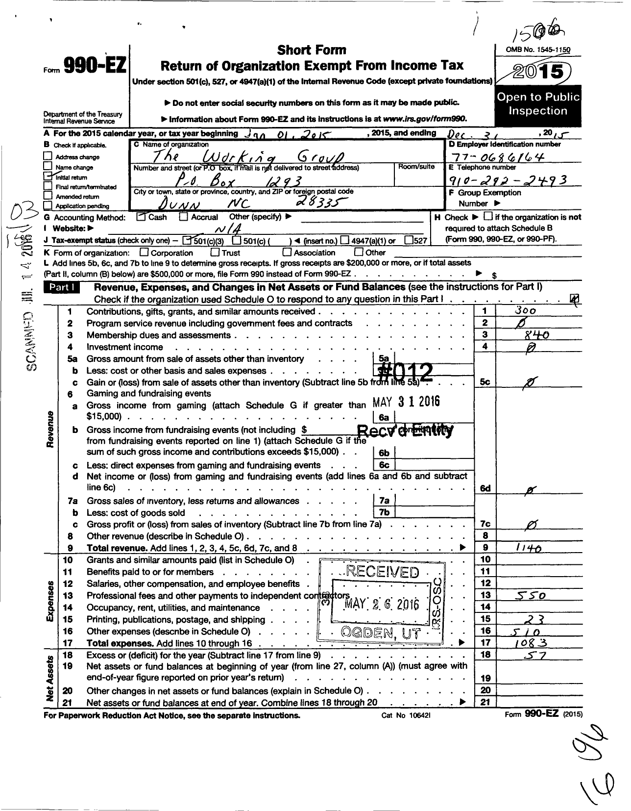 Image of first page of 2015 Form 990EZ for The Working Group