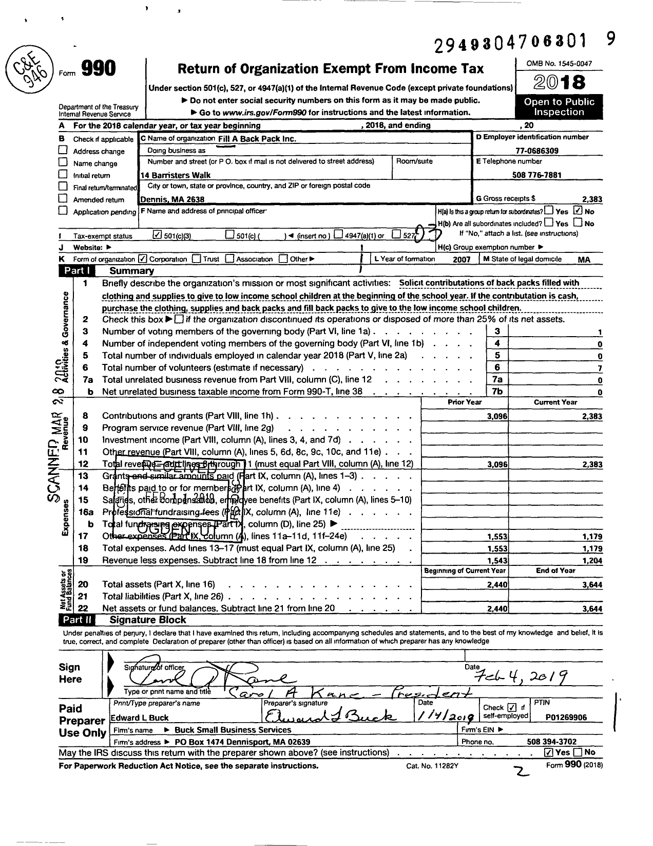 Image of first page of 2018 Form 990 for Fill A Back Pack