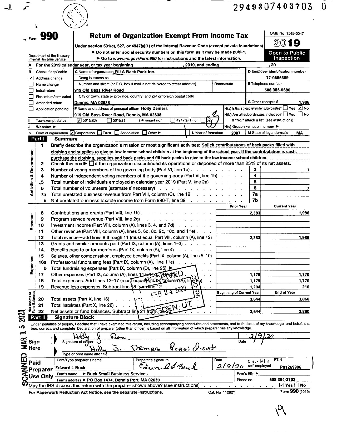 Image of first page of 2019 Form 990 for Fill A Back Pack