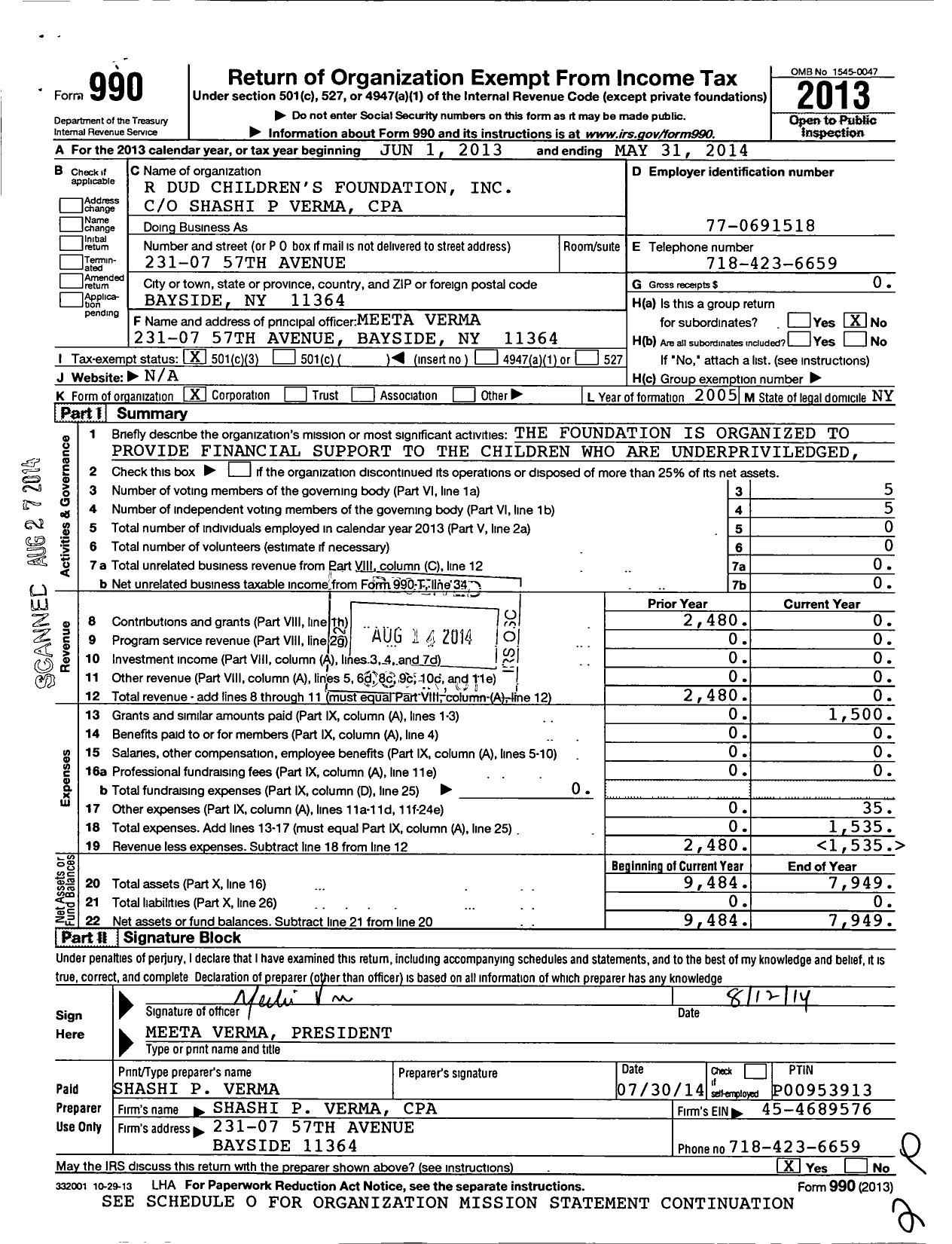 Image of first page of 2013 Form 990 for R Dud Children's Foundation