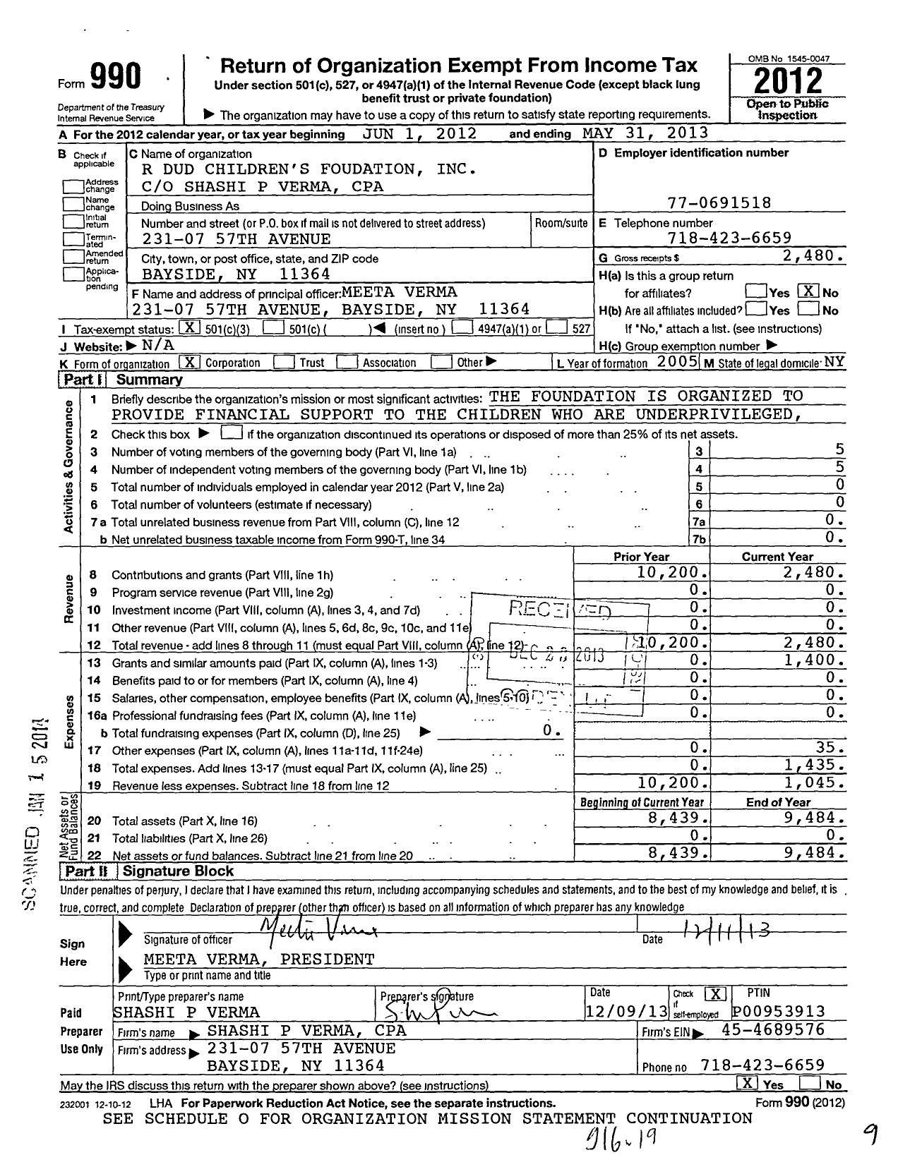 Image of first page of 2012 Form 990 for R Dud Children's Foundation