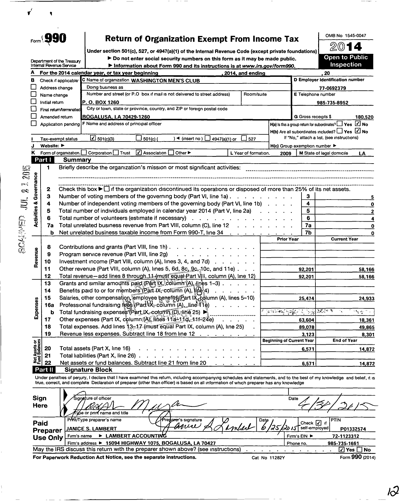 Image of first page of 2014 Form 990 for Washington Men's Club