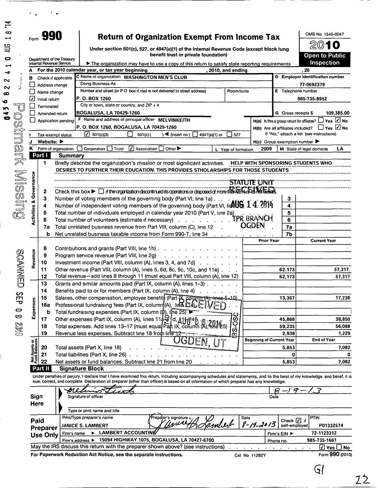 Image of first page of 2010 Form 990 for Washington Men's Club