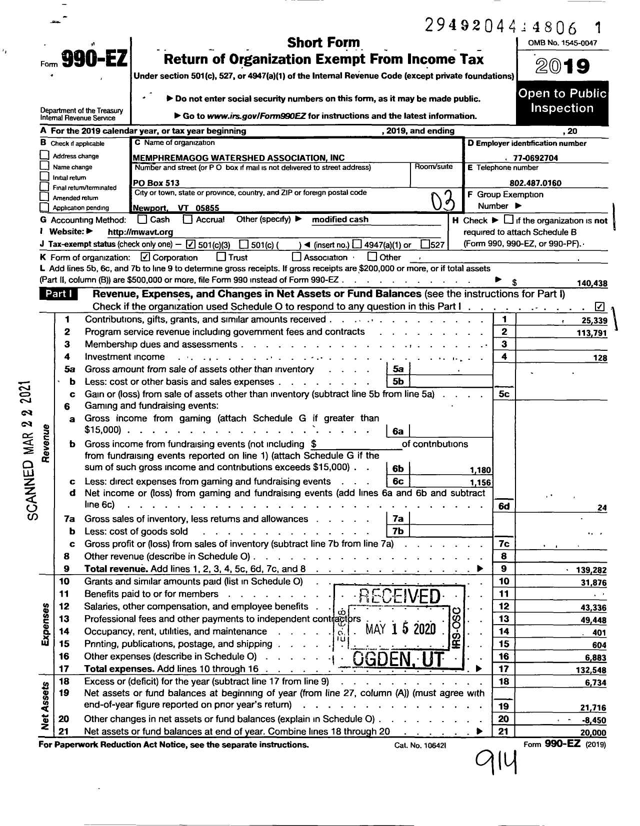 Image of first page of 2019 Form 990EZ for Memphremagog Watershed Association