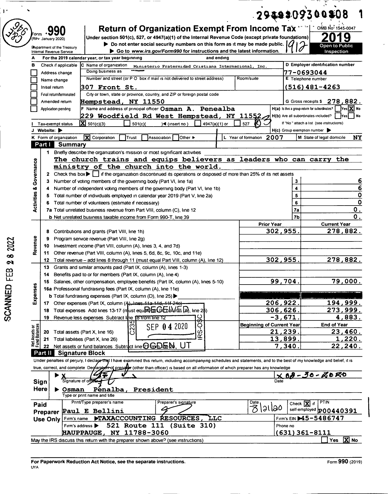 Image of first page of 2019 Form 990 for Ministerio Fraternidad Cristiana Internacional
