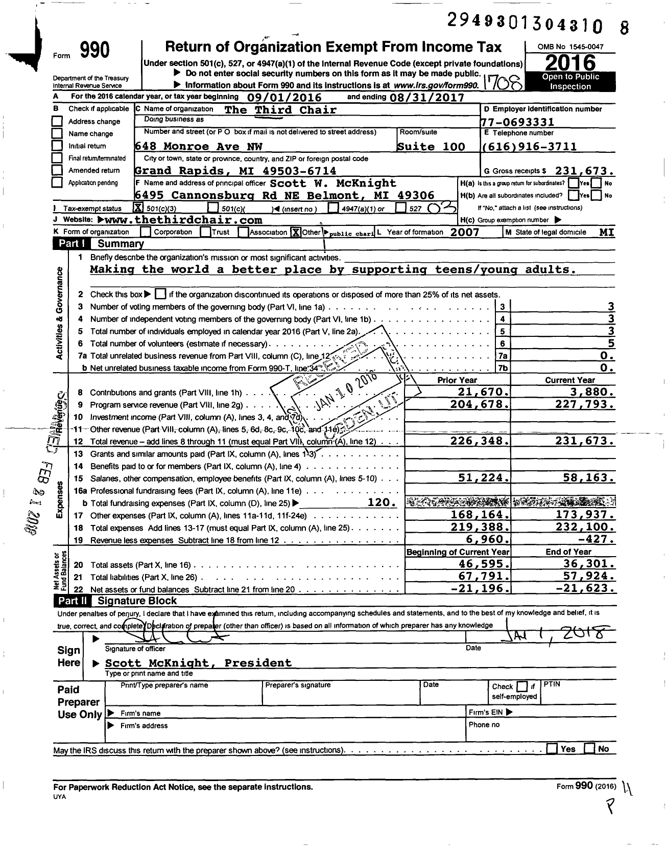 Image of first page of 2016 Form 990 for The Third Chair