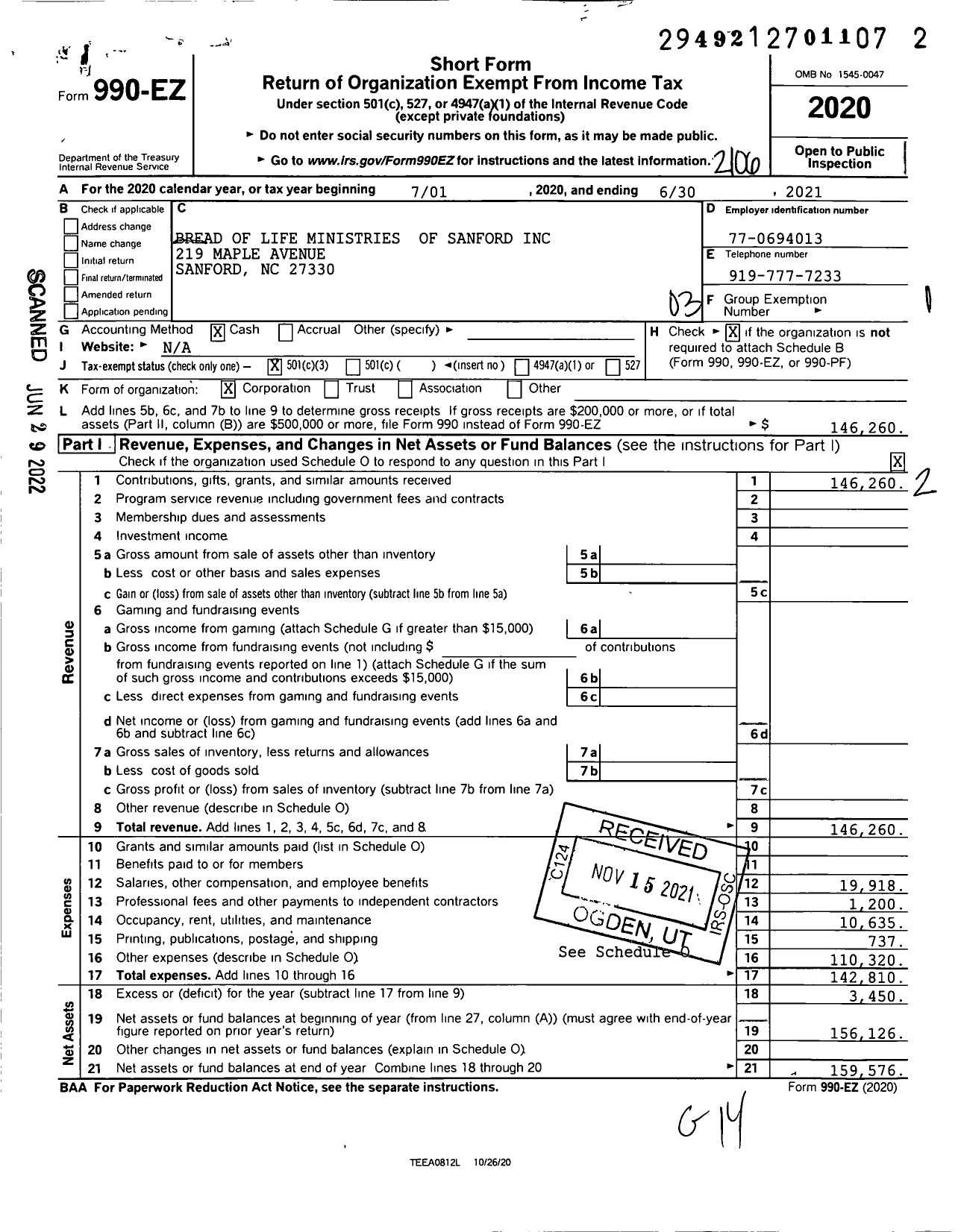 Image of first page of 2020 Form 990EZ for Bread of Life Ministries of Sanford