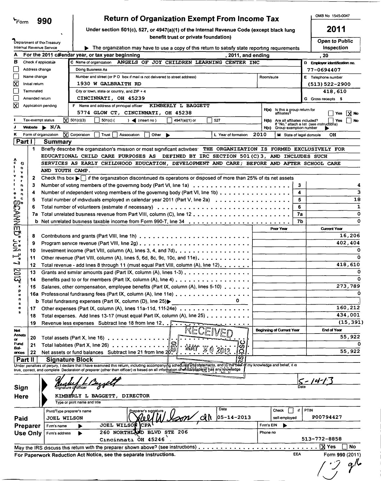 Image of first page of 2011 Form 990 for Angels of Joy Children Learning Center