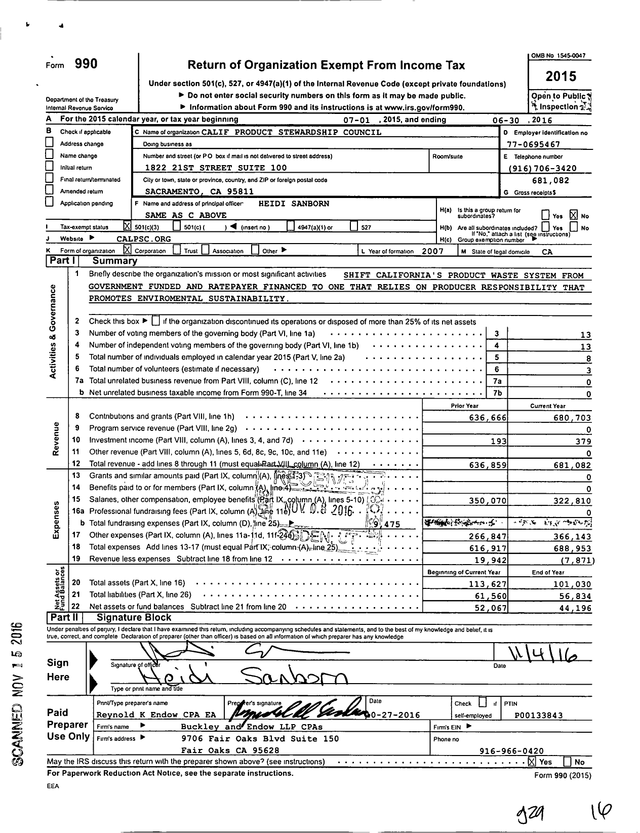 Image of first page of 2015 Form 990 for California Product Stewardship Council