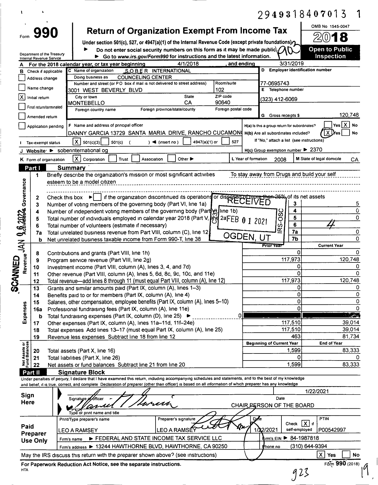 Image of first page of 2018 Form 990 for Sober International