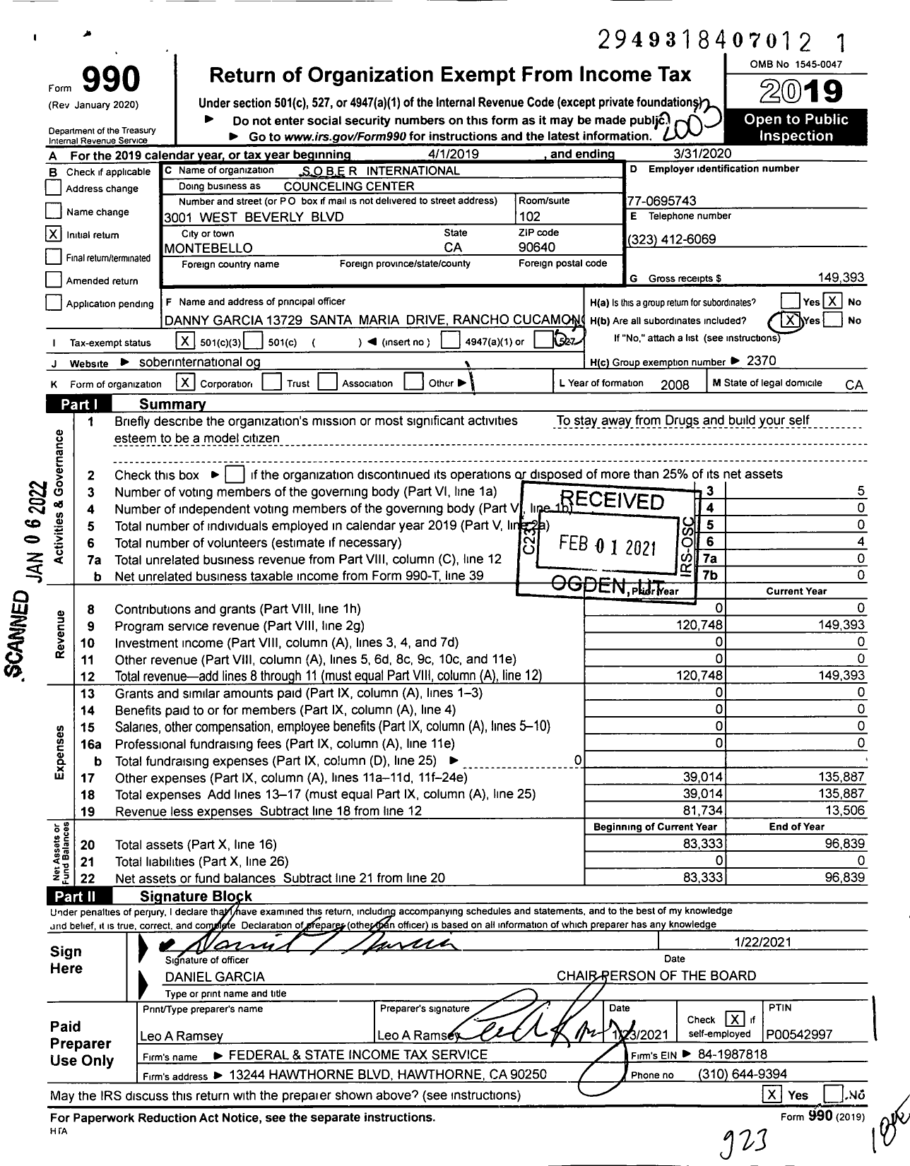 Image of first page of 2019 Form 990 for Sober International