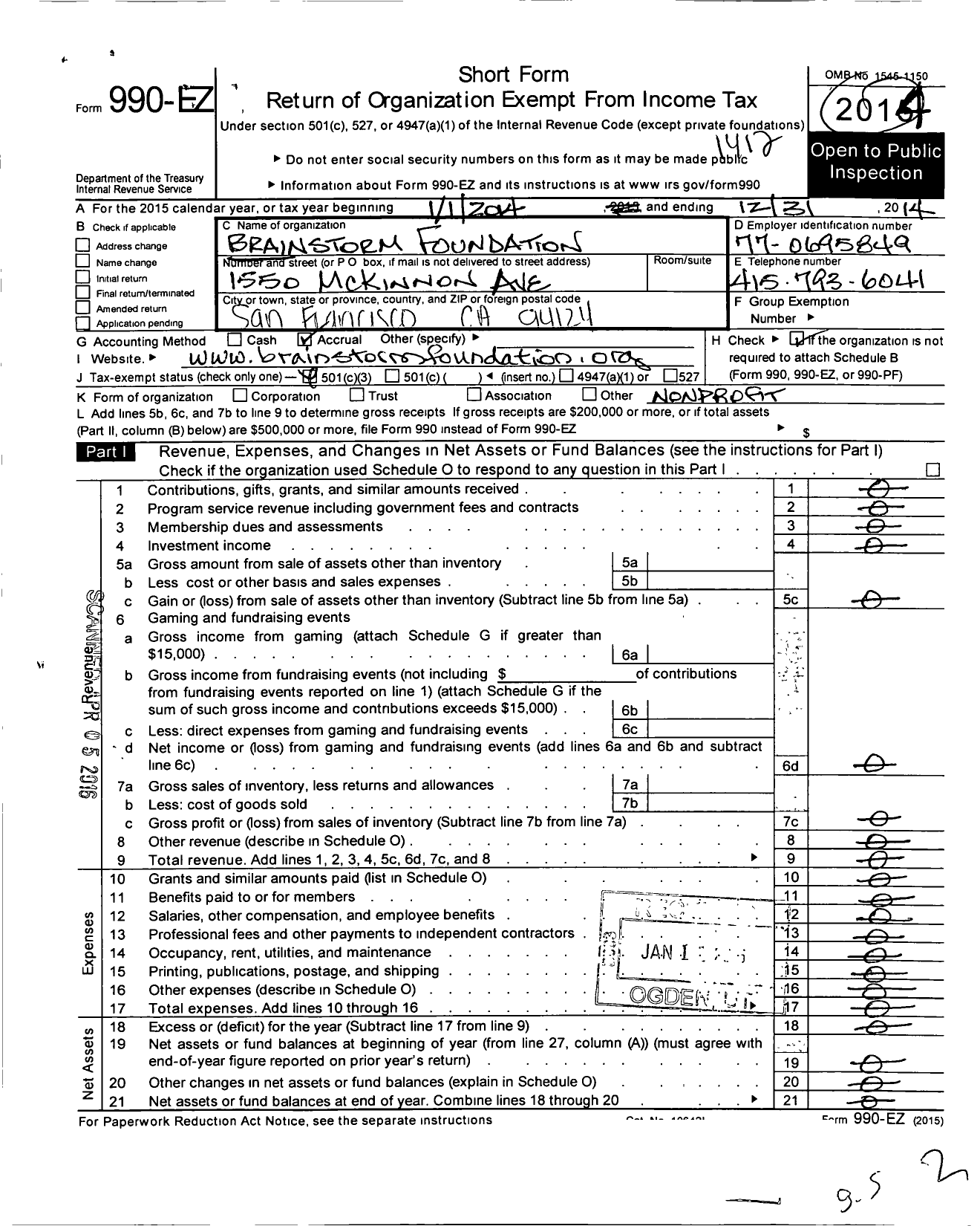 Image of first page of 2014 Form 990EZ for Brainstorm Foundation