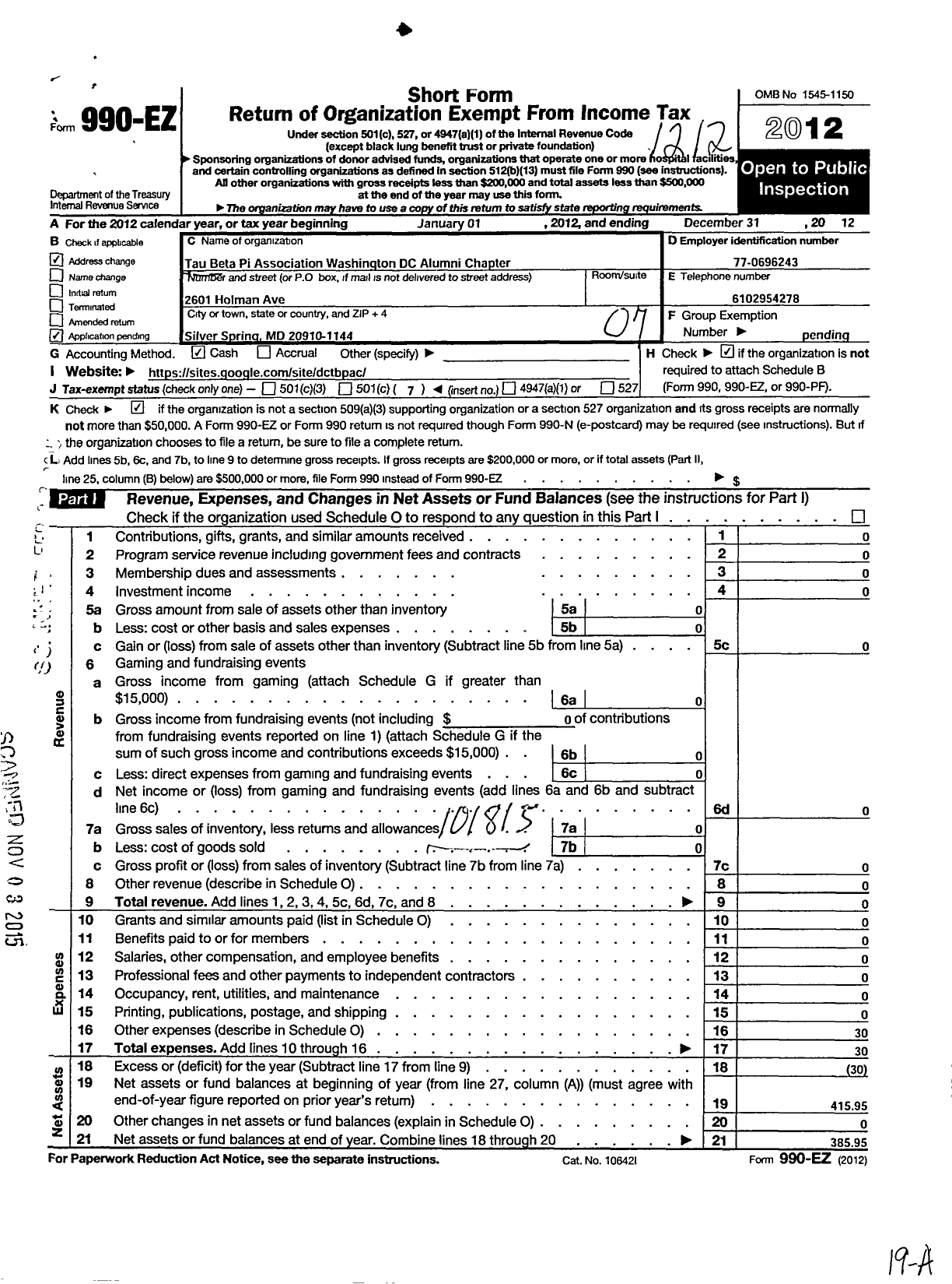 Image of first page of 2012 Form 990EO for Tau Beta Pi Association / Washington DC Alumni Chapter