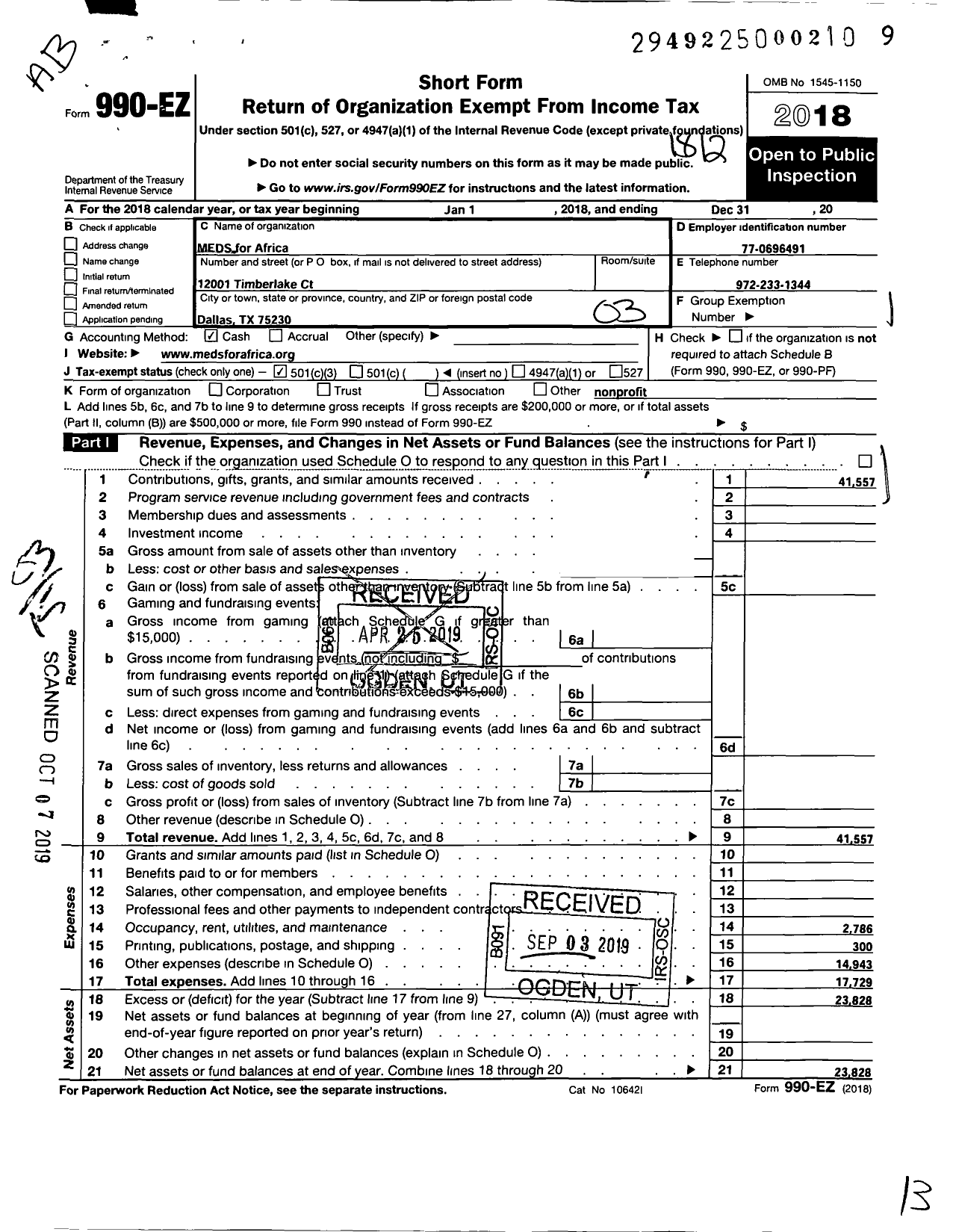 Image of first page of 2018 Form 990EZ for MEDS for Africa