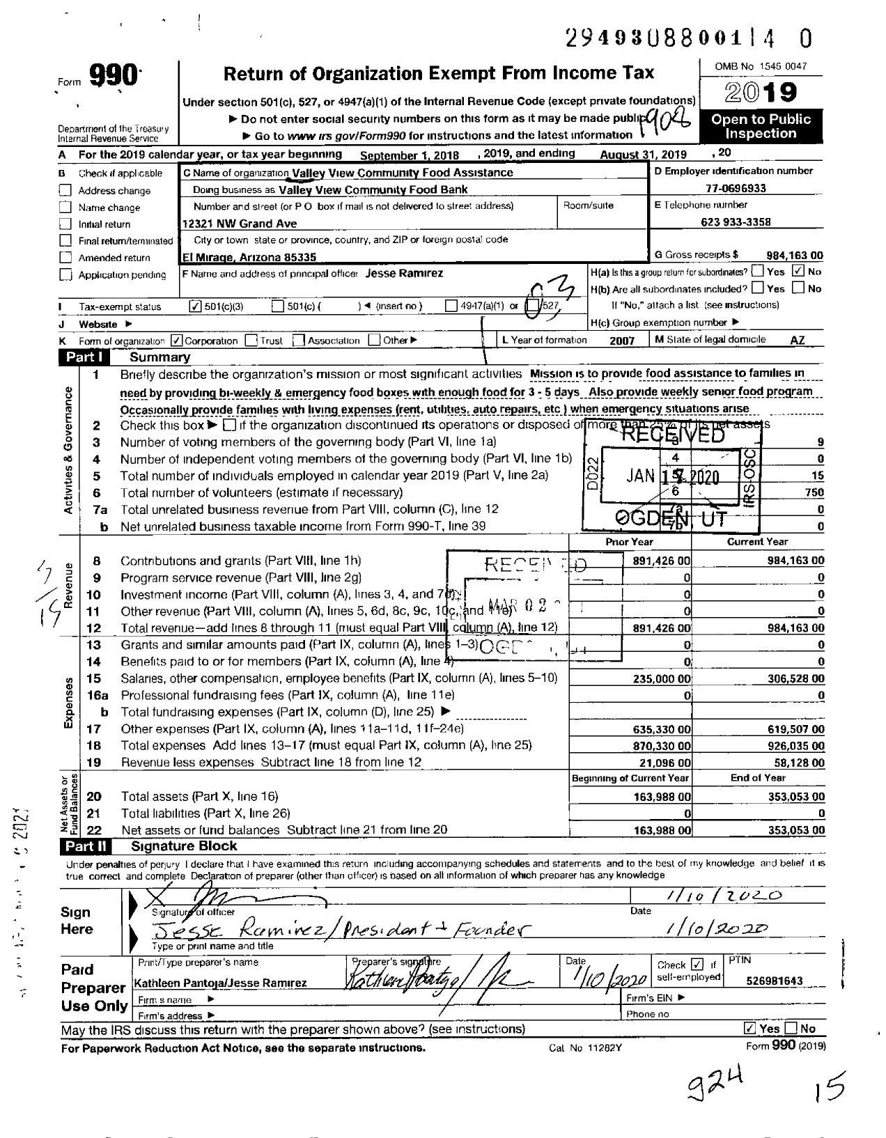 Image of first page of 2018 Form 990 for Valley View Community Food Assistance