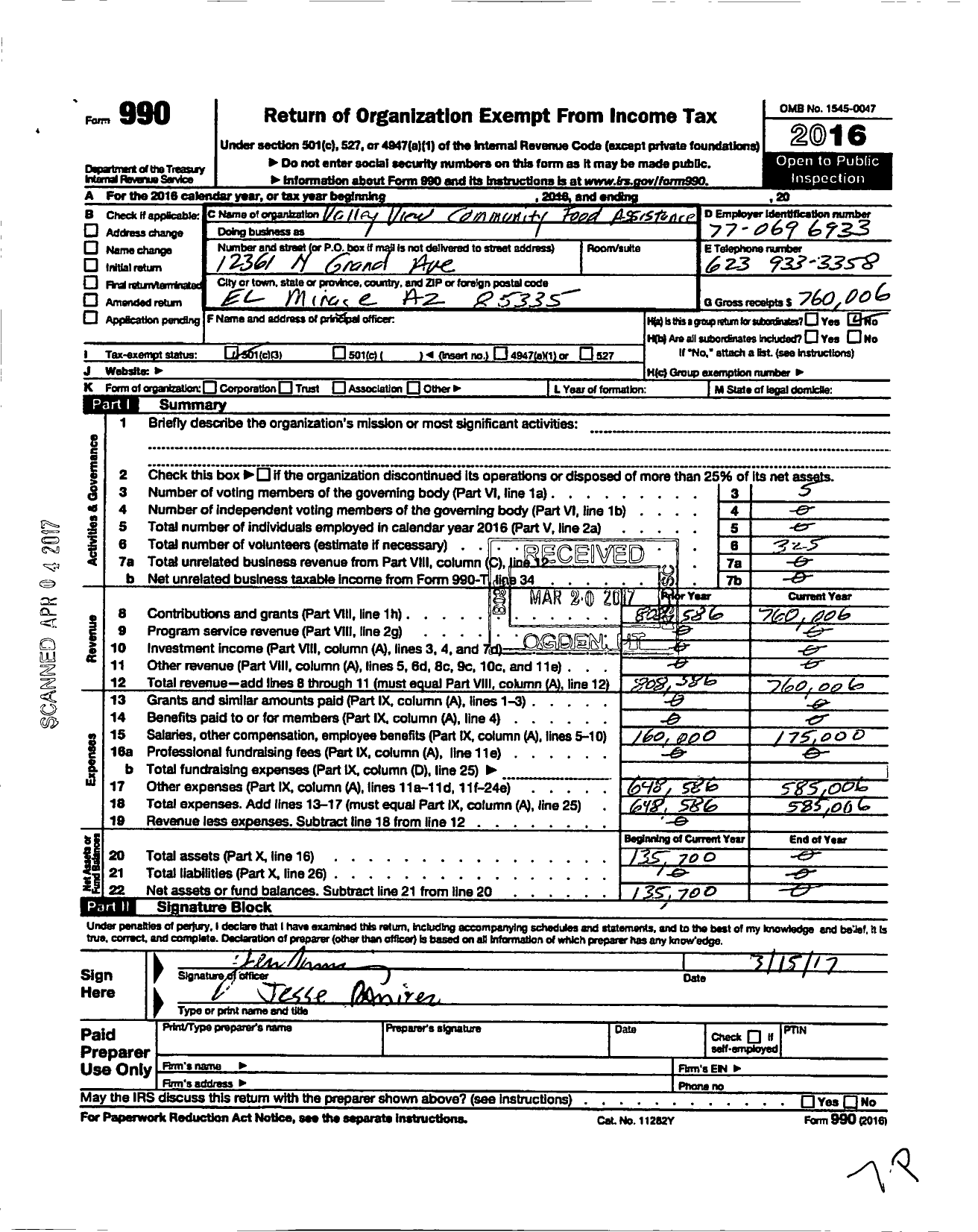 Image of first page of 2016 Form 990 for Valley View Community Food Assistance