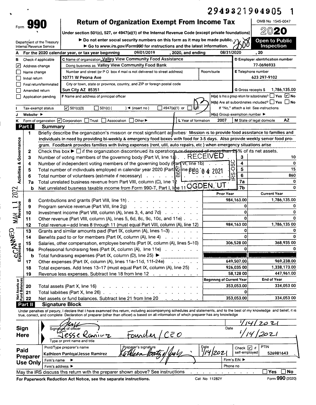 Image of first page of 2019 Form 990 for Valley View Community Food Assistance