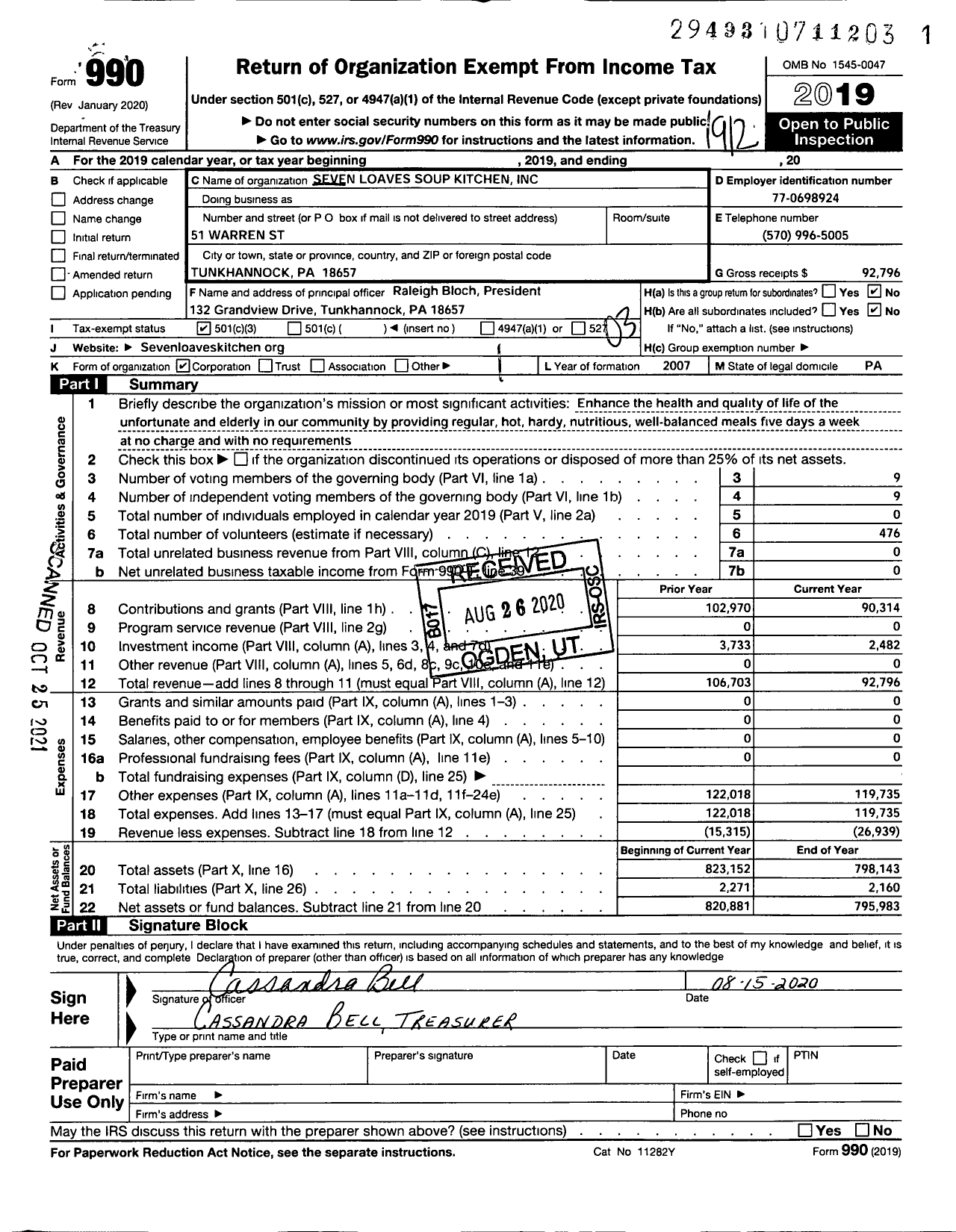 Image of first page of 2019 Form 990 for Seven Loaves Soup Kitchen