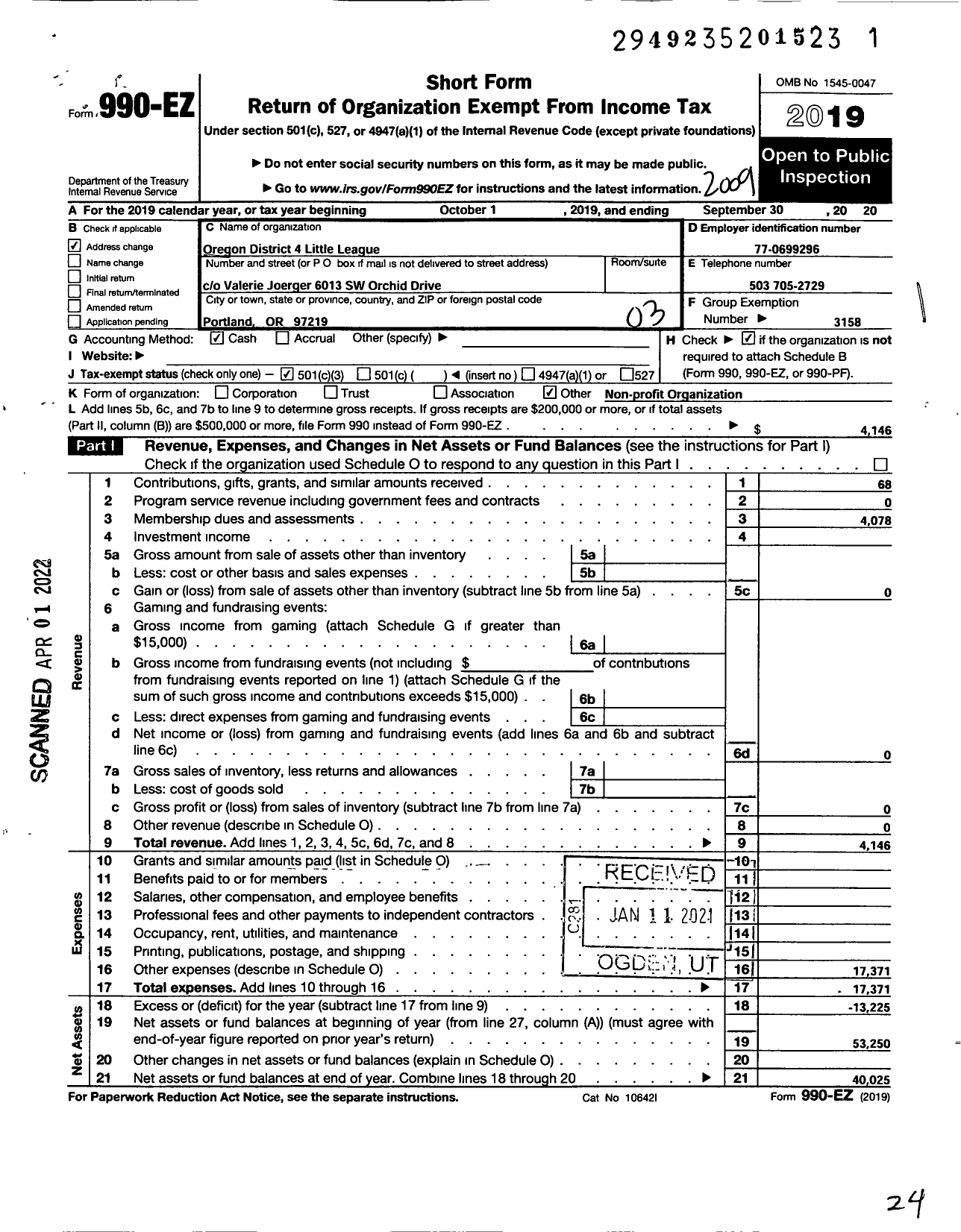 Image of first page of 2019 Form 990EZ for Little League Baseball - 4370400 Sarah Hoppe