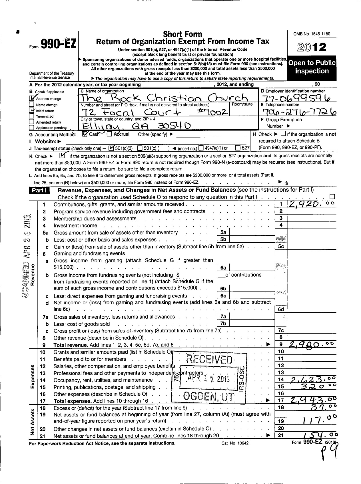 Image of first page of 2012 Form 990EZ for Rock Christian Church / Safe Heaven Women Rehab Center