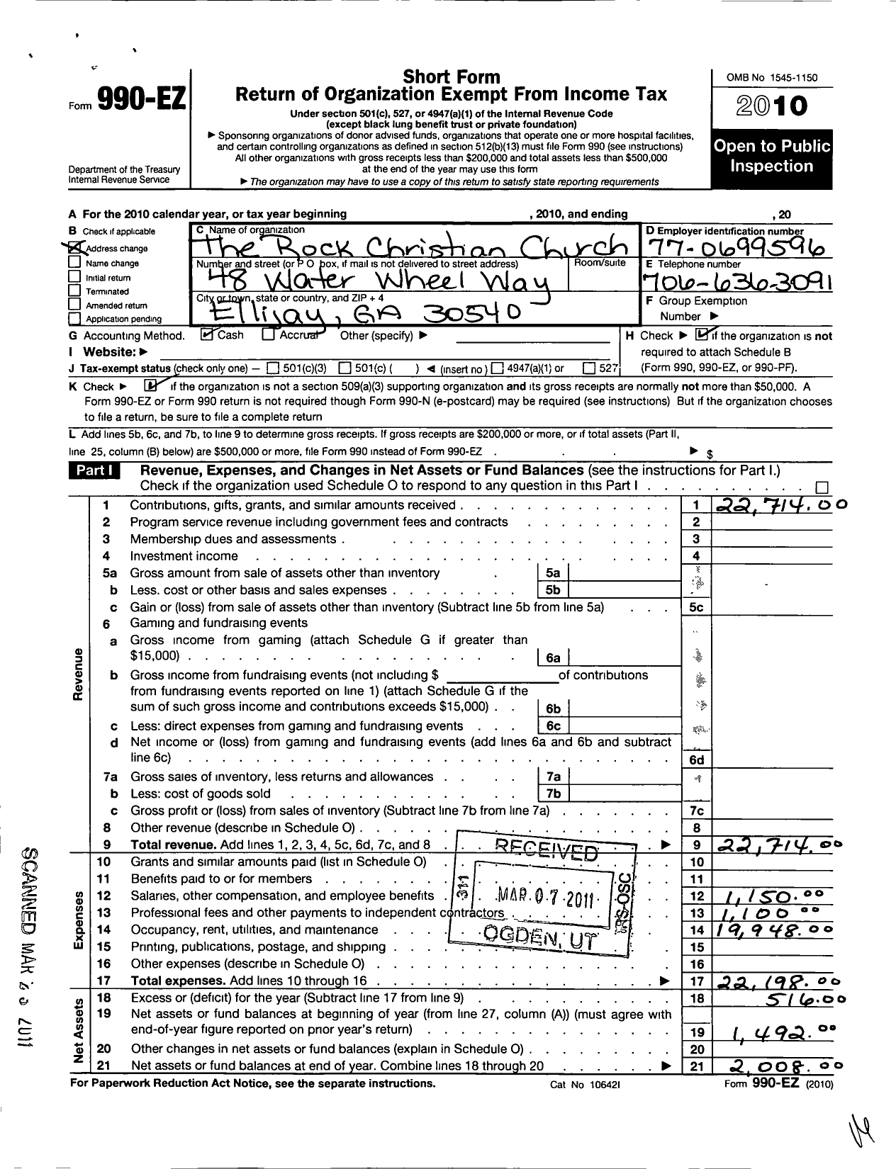 Image of first page of 2010 Form 990EO for Rock Christian Church / Safe Heaven Women Rehab Center